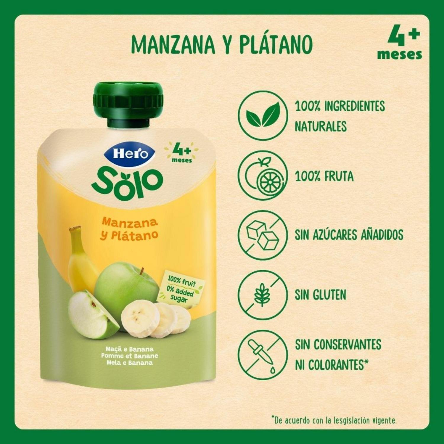 Bolsita de manzana y plátano desde 4 meses Hero Solo sin gluten y sin azúcares añadidos 100 g. — otra vista del envase