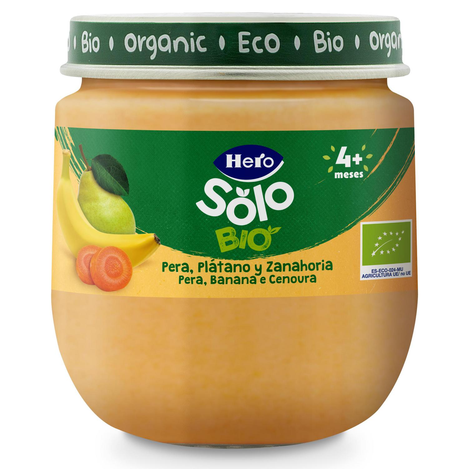 Tarrito de pera, plátano y zanahoria desde 4 meses ecológico Hero Solo sin gluten 120 g. — otra vista del envase