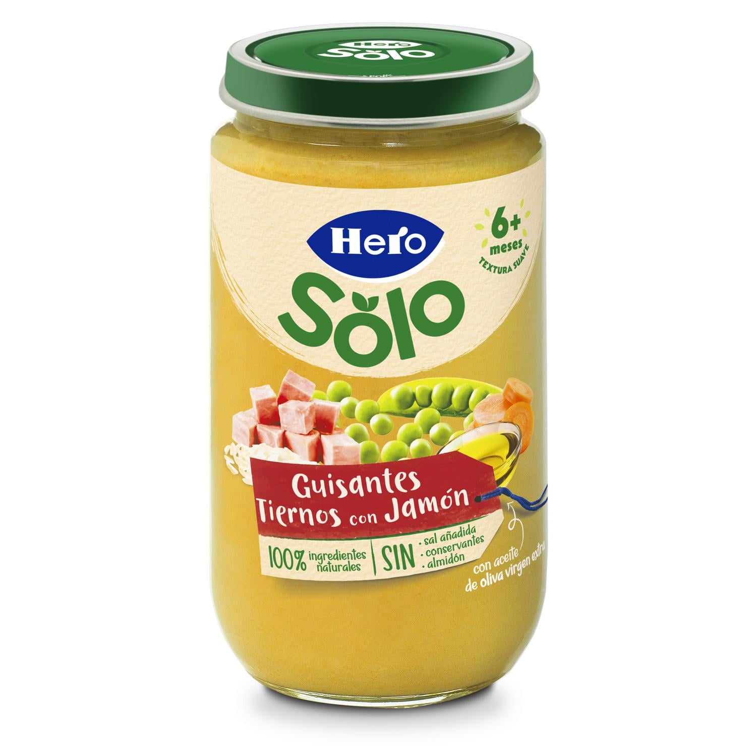 Tarrito de guisantes tiernos con jamón desde 6 meses Hero Solo sin gluten 235 g. — otra vista del envase
