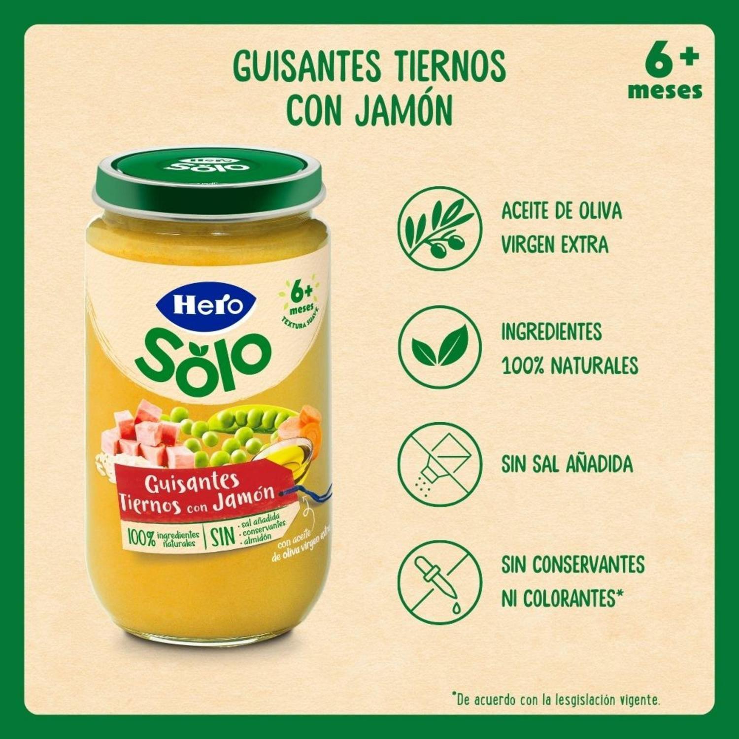 Tarrito de guisantes tiernos con jamón desde 6 meses Hero Solo sin gluten 235 g. — otra vista del envase
