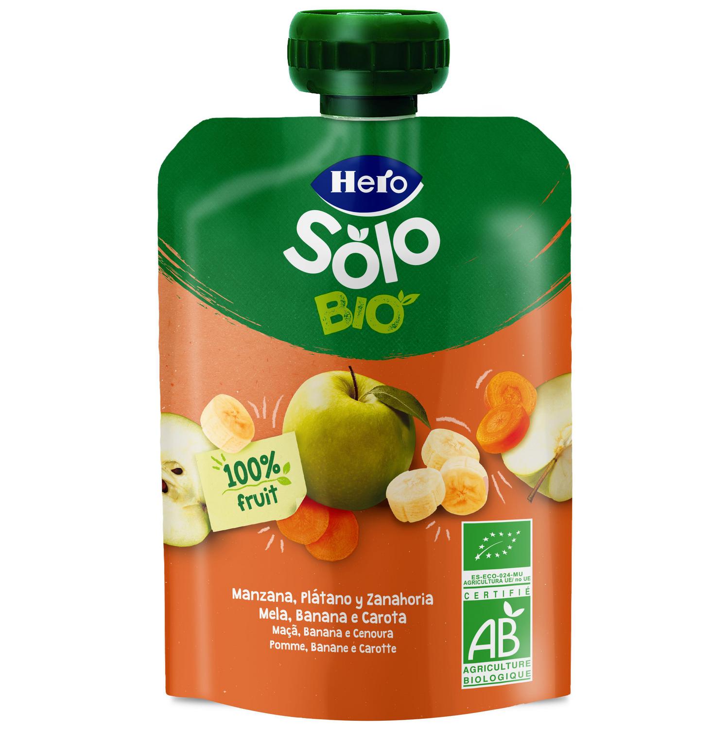 Bolsita de manzana, plátano y zanahoria ecológico Hero Solo sin gluten 100 g. — otra vista del envase