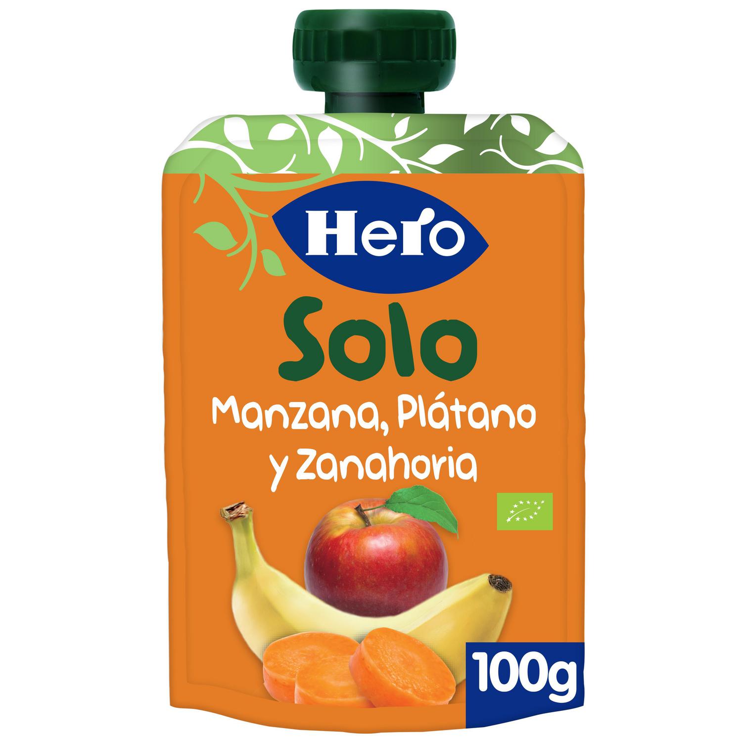 Bolsita de manzana, plátano y zanahoria ecológico Hero Solo sin gluten 100 g. — otra vista del envase