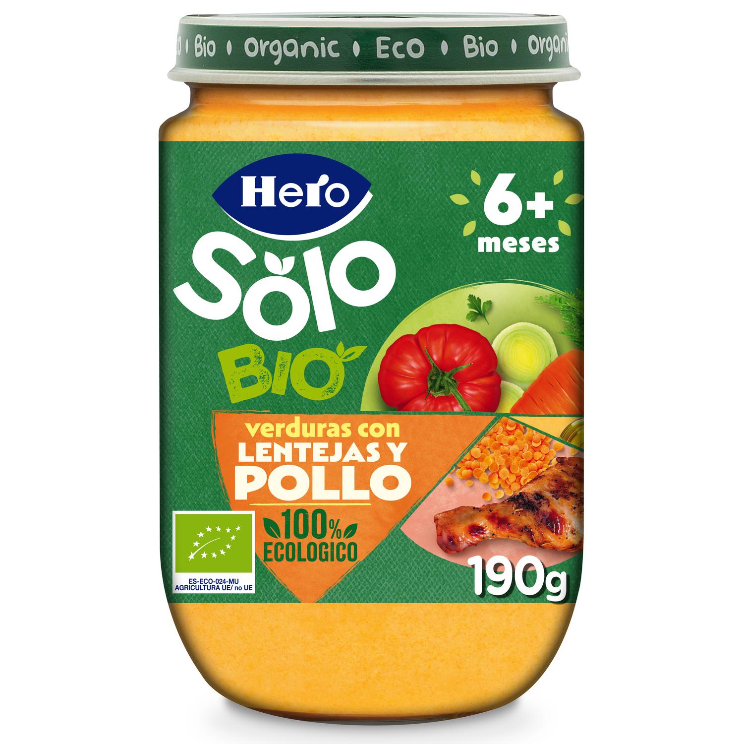 Tarrito verduras con lentejas y pollo desde 6 meses ecológico Hero Solo sin gluten 190 g. — otra vista del envase