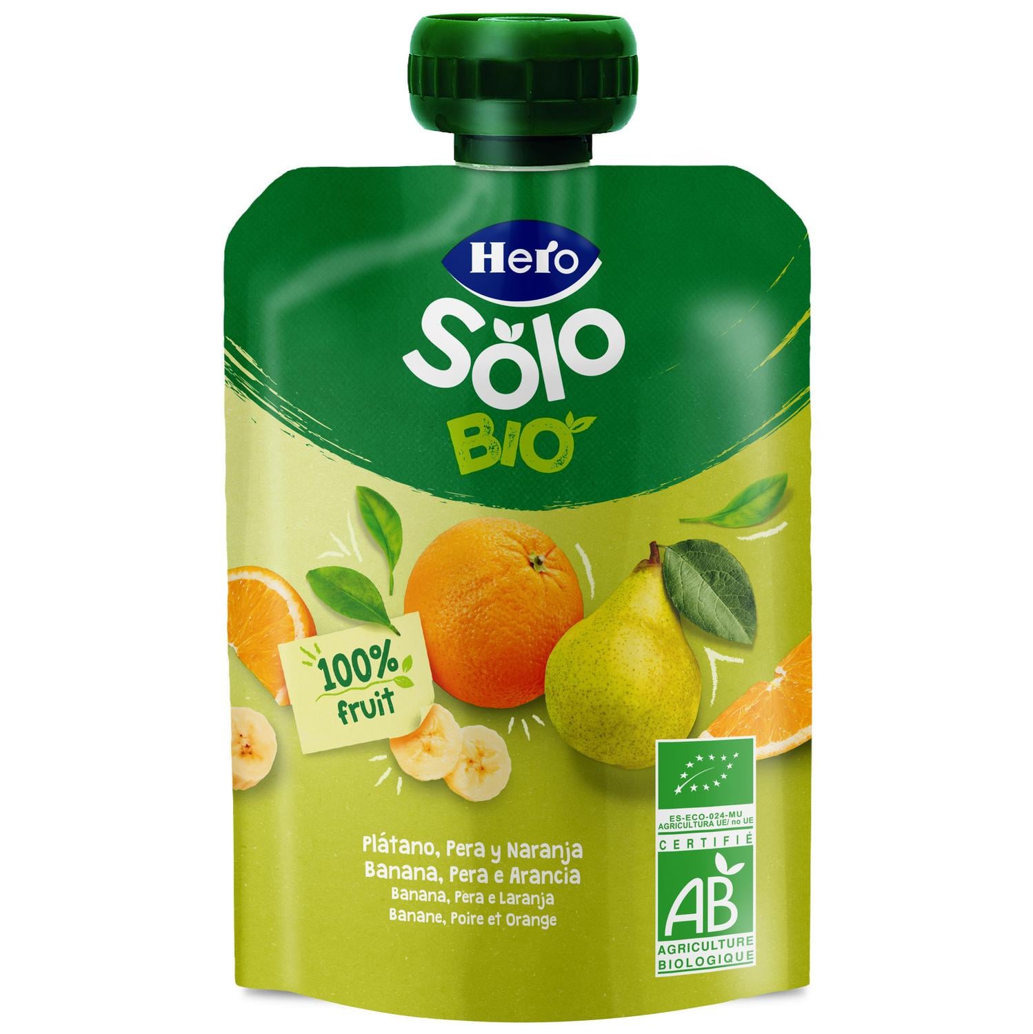 Bolsita de plátano, pera y naranja ecológico Hero Solo sin gluten 100 g. — otra vista del envase
