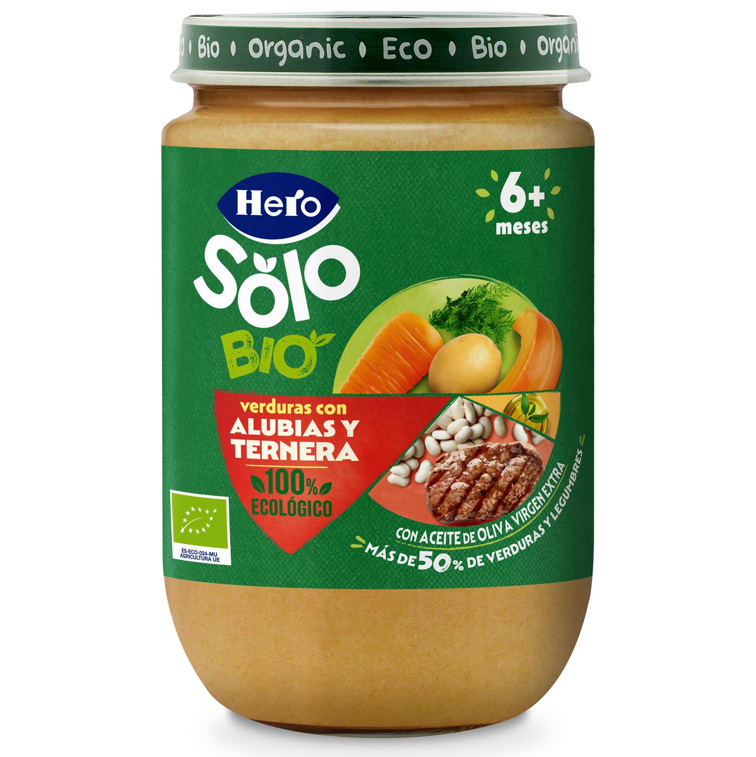Tarrito de verduras con alubias y ternera desde 6 meses ecológico Hero Solo sin gluten 190 g. — otra vista del envase