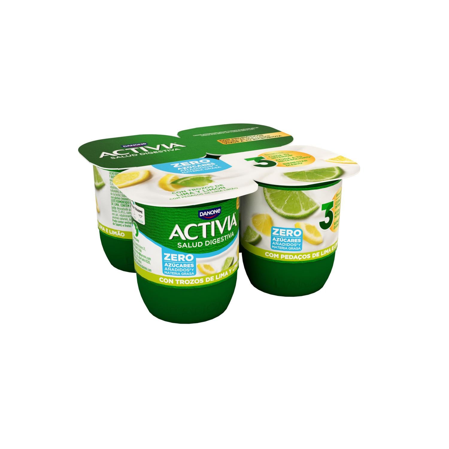 Bífidus desnatado con lima y limón Danone Activia sin gluten sin azúcar añadido pack de 4 unidades de 120 g. — otra vista del envase