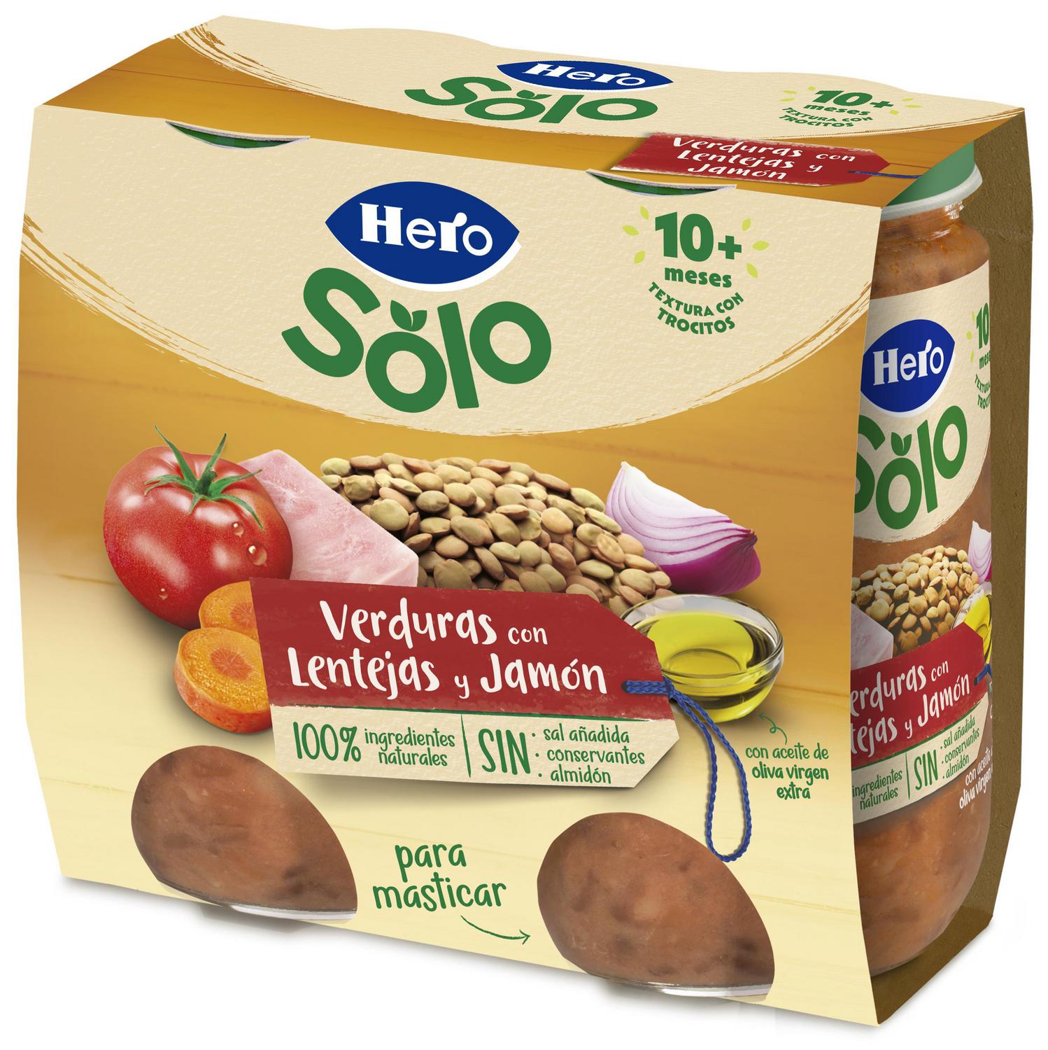 Tarrito de verduras con lentejas y jamón desde 10 meses Hero Baby sin gluten pack de 2 unidades de 235 g. — otra vista del envase