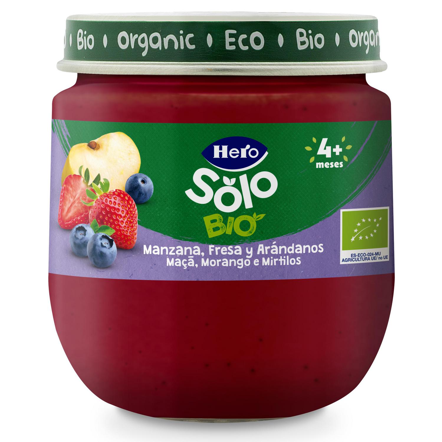 Tarrito de manzana, fresa y arándanos desde 4 meses ecológico Hero Solo sin gluten 120 g. — otra vista del envase