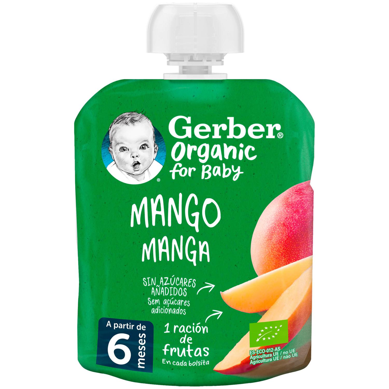 Bolsita de mango desde 6 meses ecológico Gerber sin gluten y sin azúcar añadido 90 g. — otra vista del envase