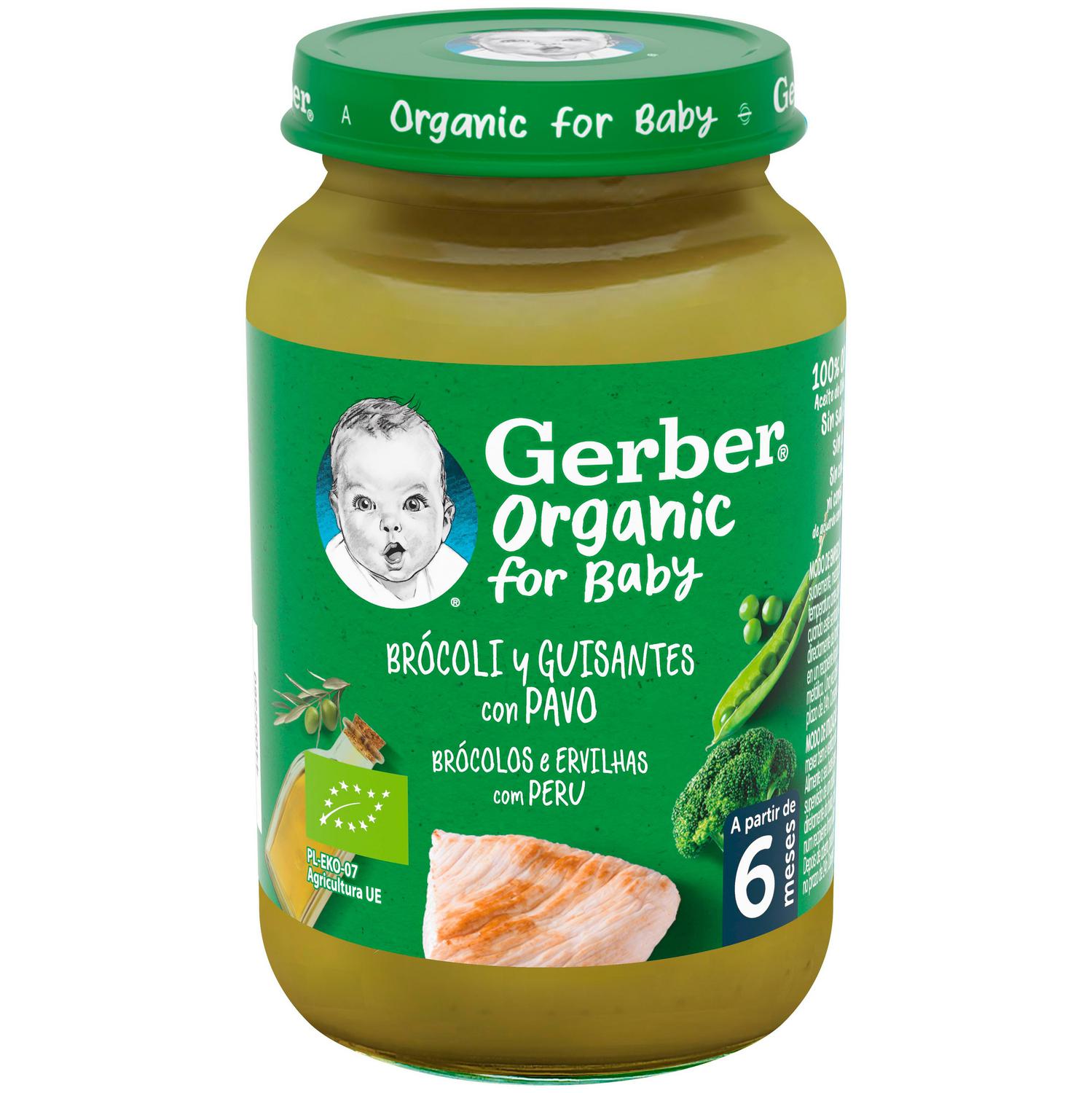 Tarrito de brócoli y guisantes con pavo desde 6 meses ecológico Gerber sin gluten 190 g. — otra vista del envase
