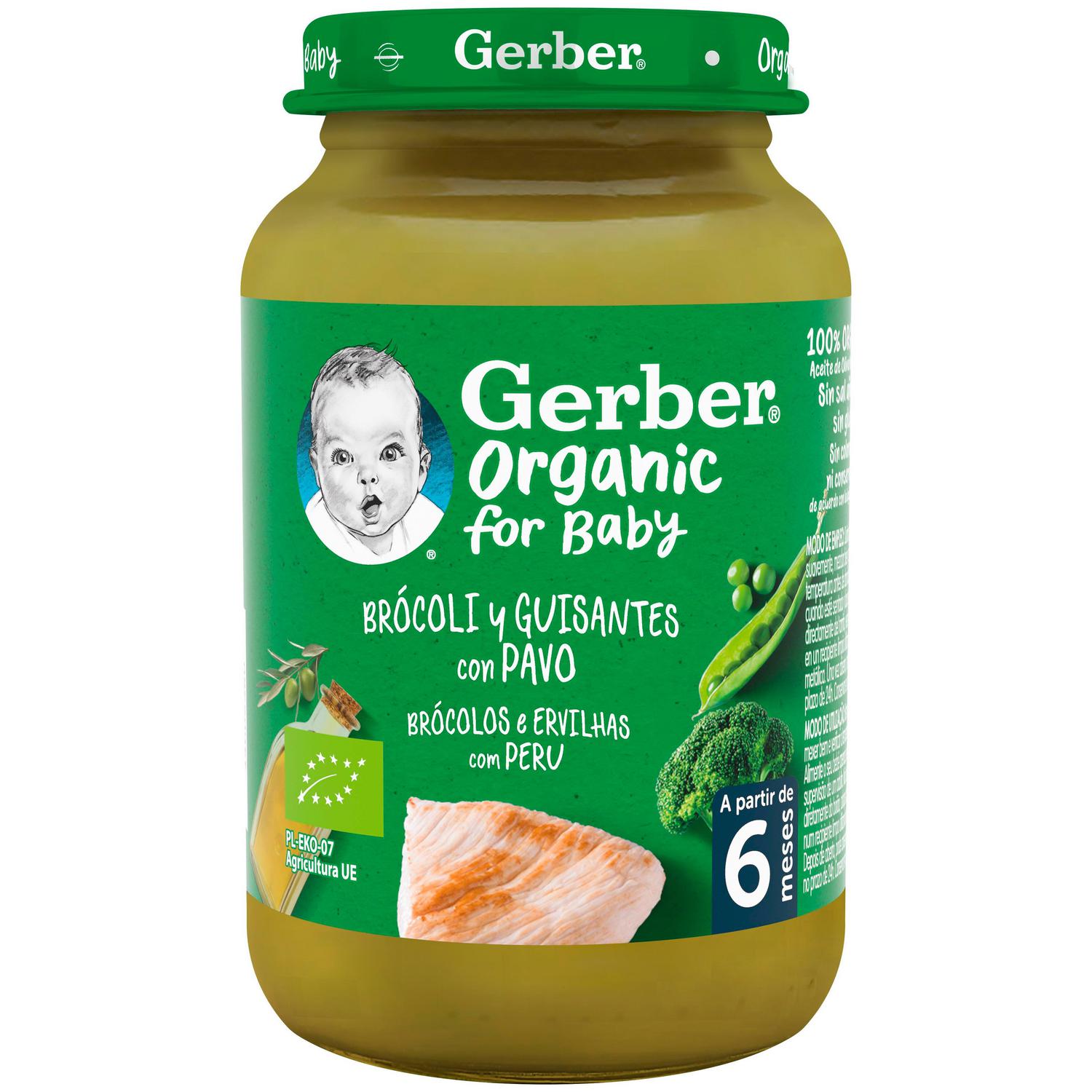 Tarrito de brócoli y guisantes con pavo desde 6 meses ecológico Gerber sin gluten 190 g. — otra vista del envase