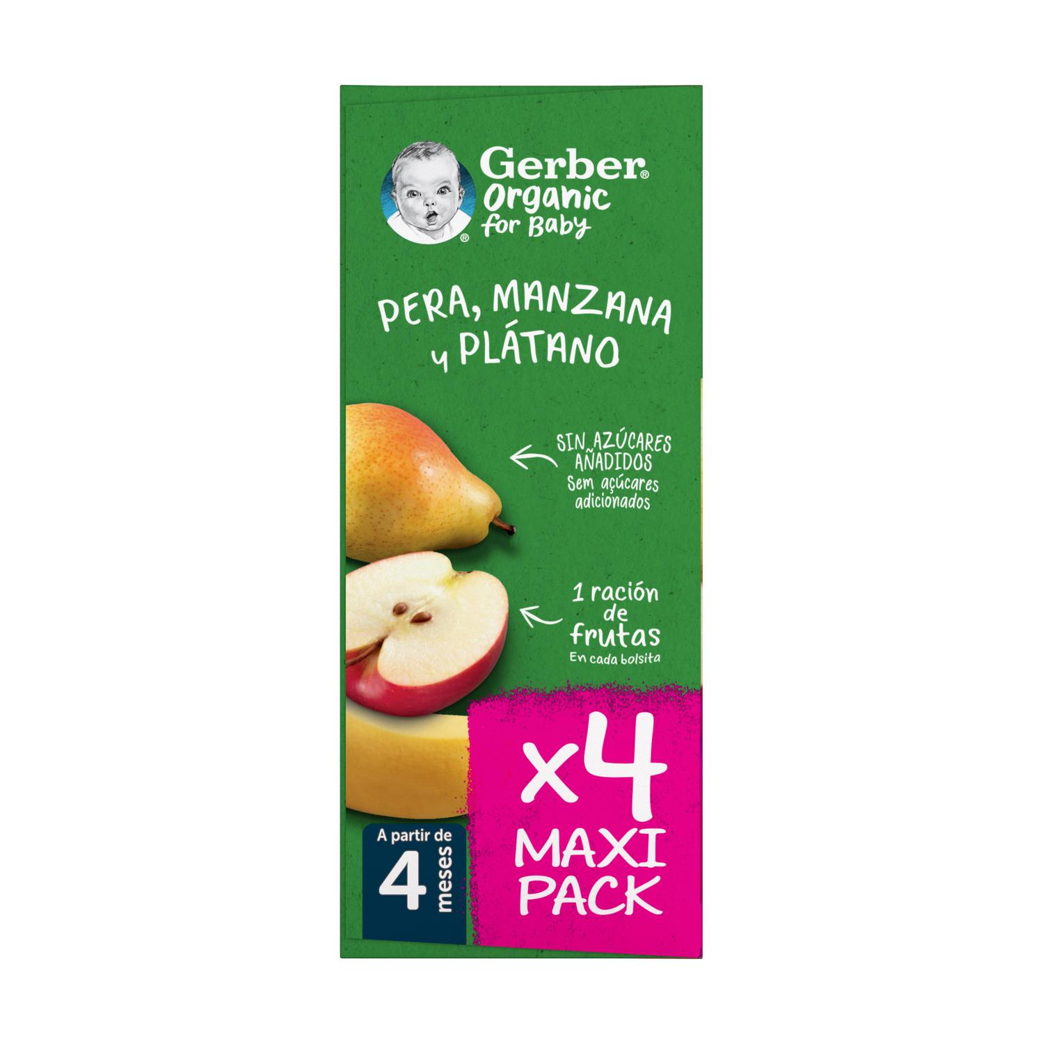 Bolsita de pera, manzana y plátano desde 4 meses ecológico Gerber sin gluten y sin azúcar añadido pack 4 unidades 90 g. — otra vista del envase