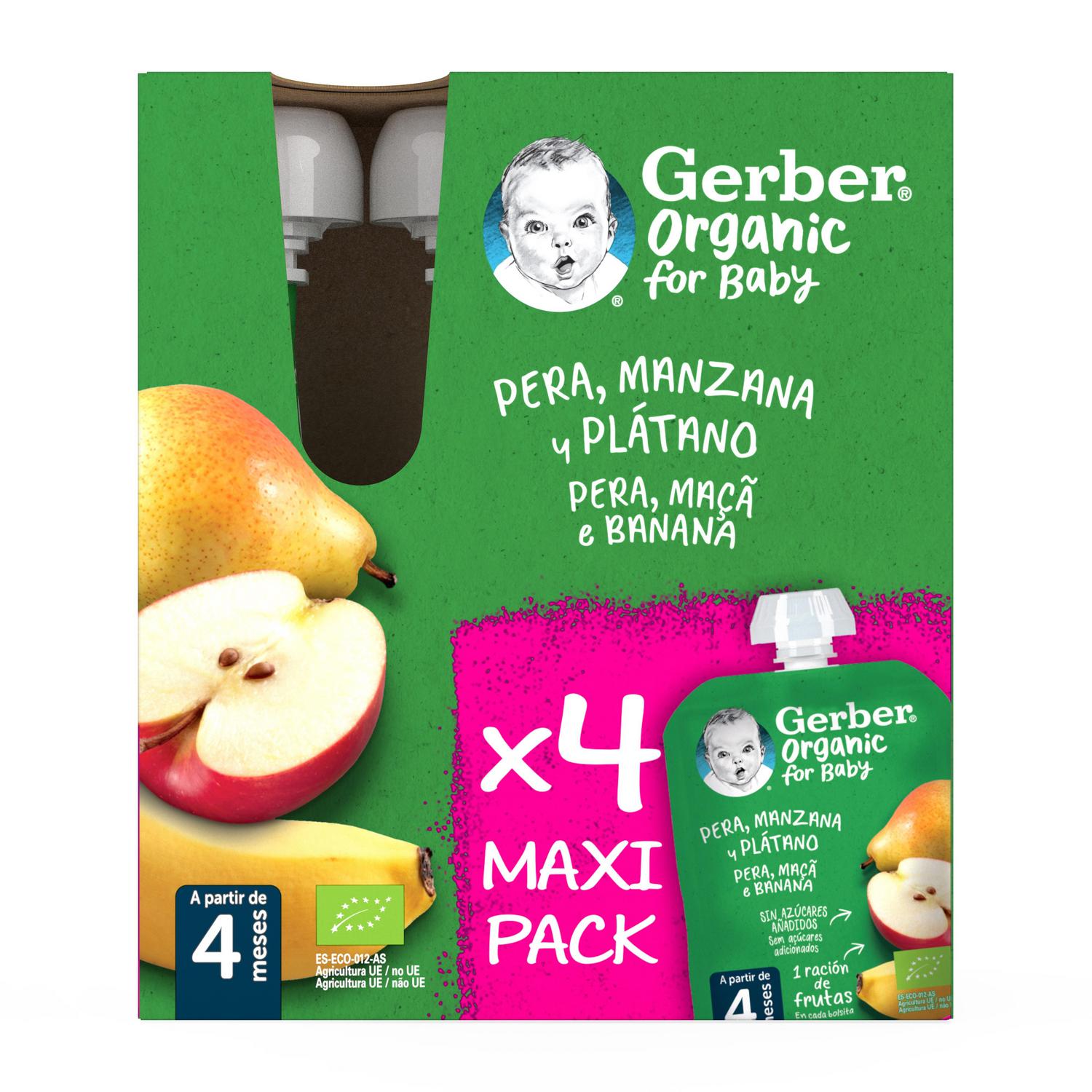 Bolsita de pera, manzana y plátano desde 4 meses ecológico Gerber sin gluten y sin azúcar añadido pack 4 unidades 90 g. — otra vista del envase