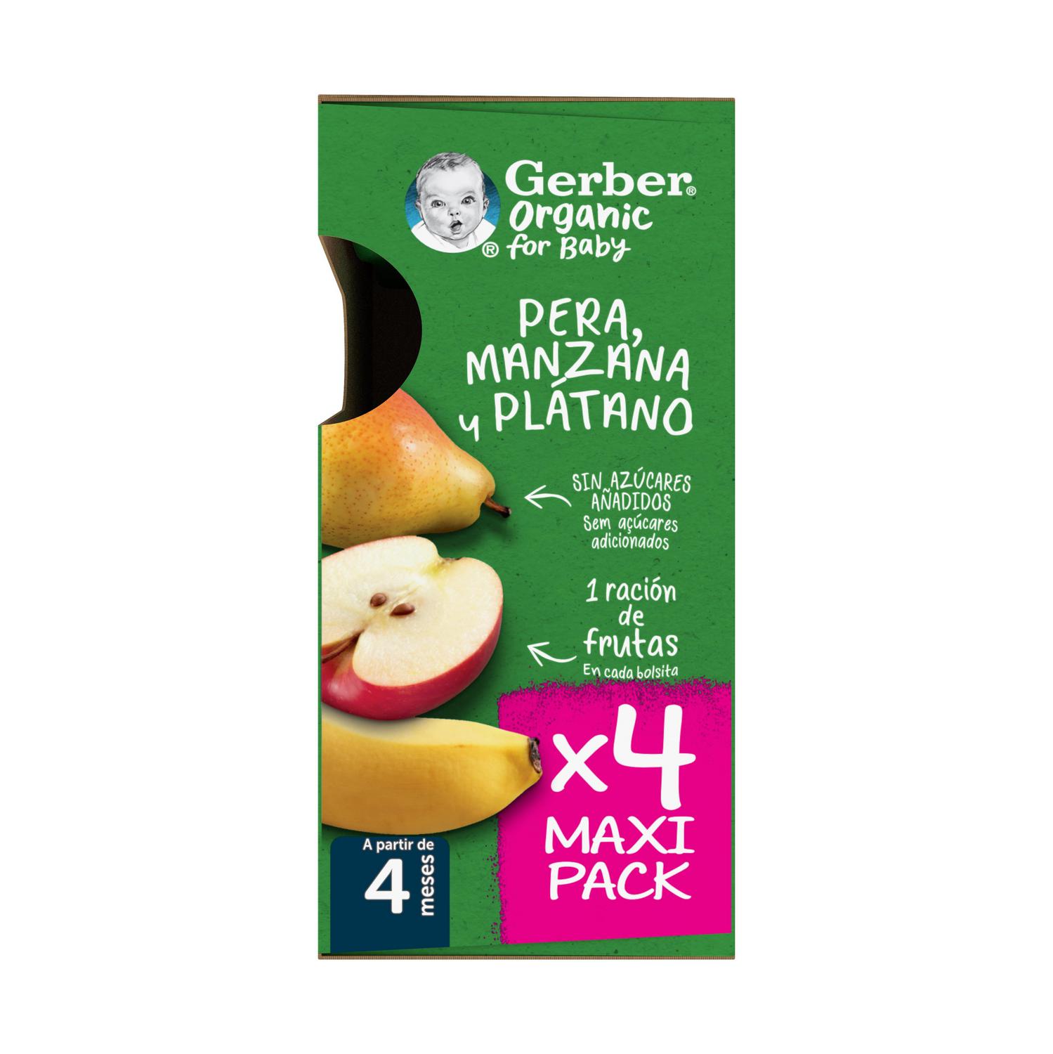 Bolsita de pera, manzana y plátano desde 4 meses ecológico Gerber sin gluten y sin azúcar añadido pack 4 unidades 90 g. — otra vista del envase