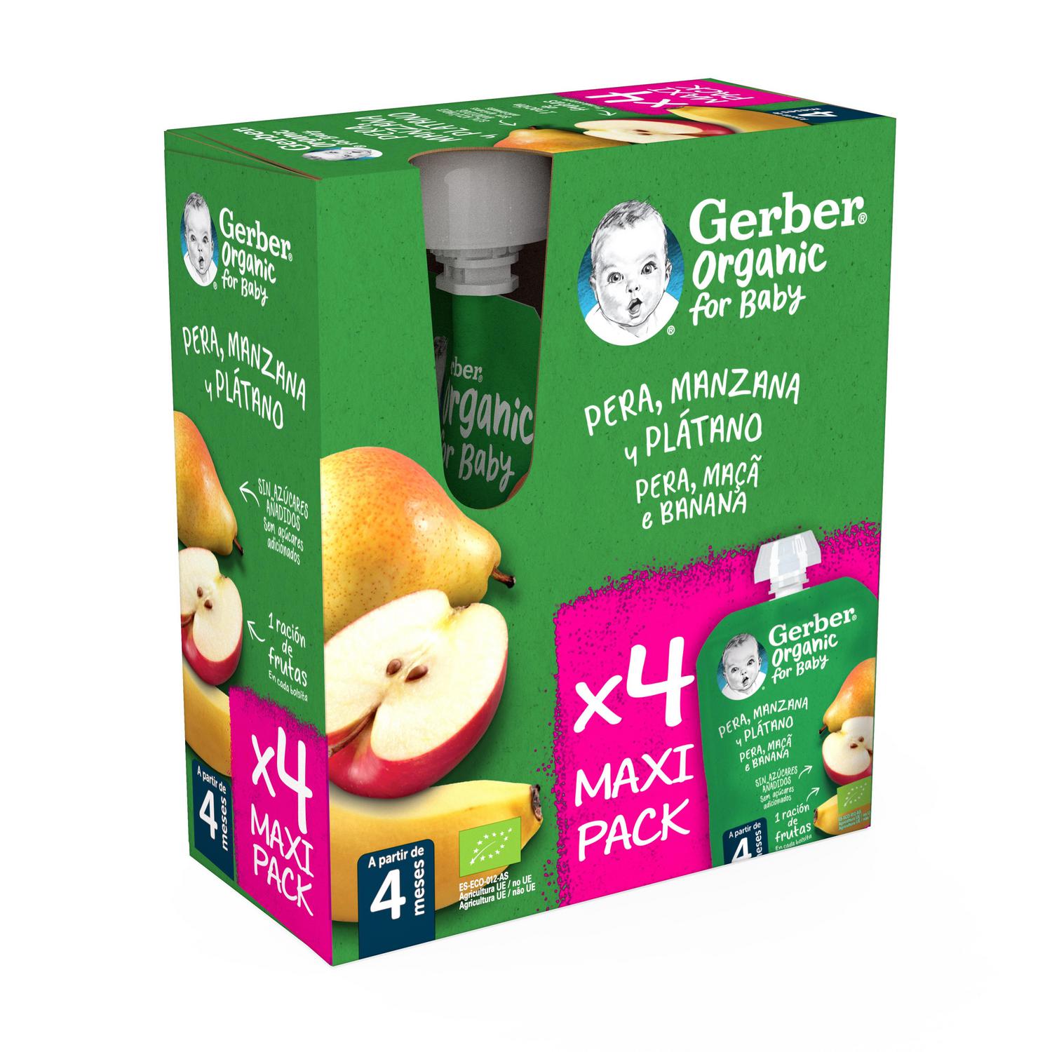 Bolsita de pera, manzana y plátano desde 4 meses ecológico Gerber sin gluten y sin azúcar añadido pack 4 unidades 90 g. — otra vista del envase