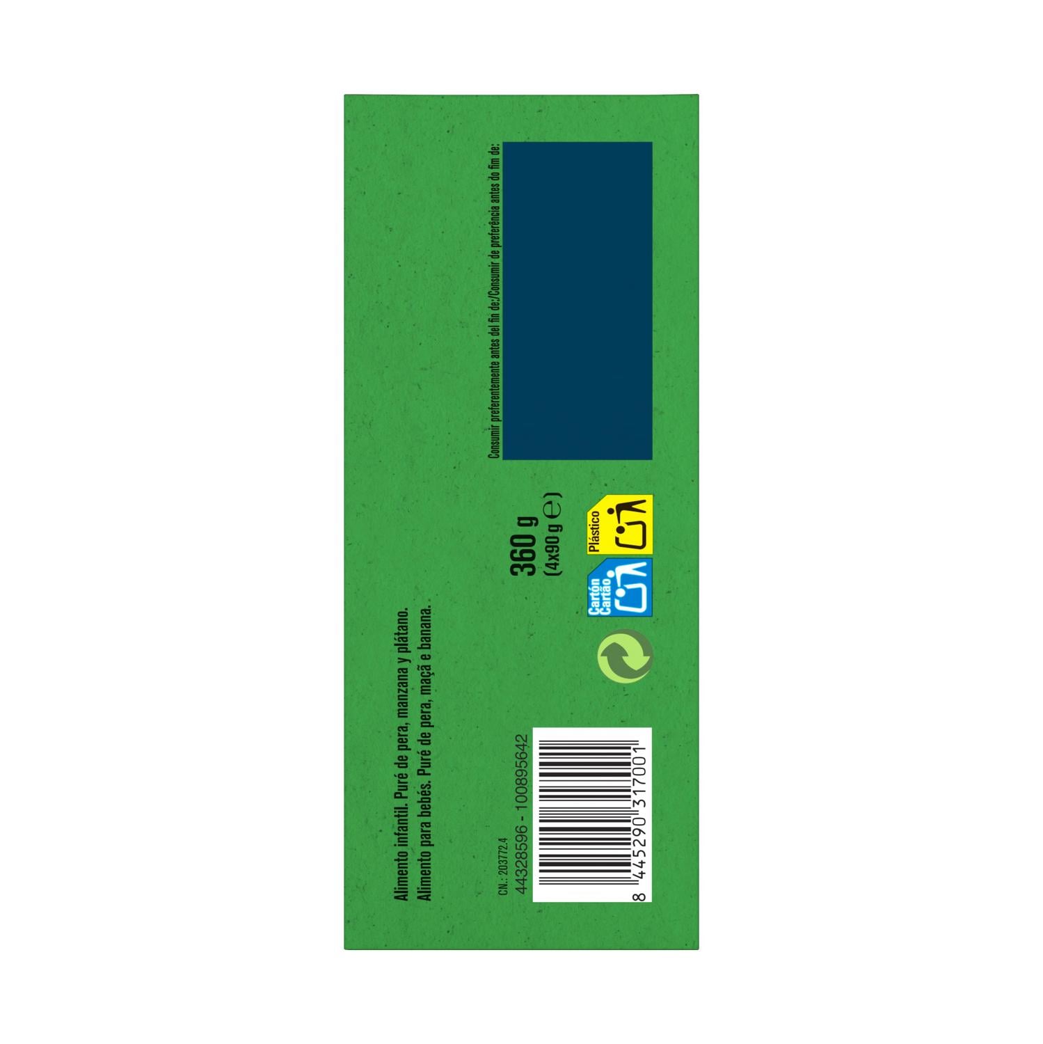 Bolsita de pera, manzana y plátano desde 4 meses ecológico Gerber sin gluten y sin azúcar añadido pack 4 unidades 90 g. — otra vista del envase