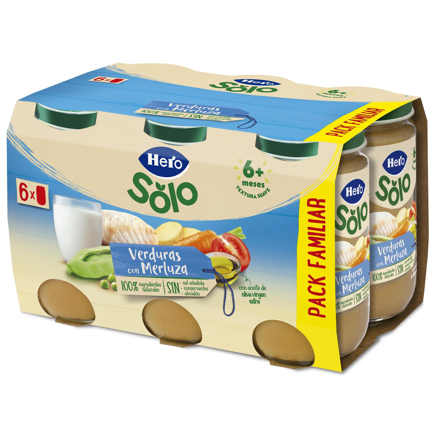 Tarrito de verduritas con merluza desde 6 meses Hero Solo sin gluten pack de 6 unidades de 235 g. — otra vista del envase