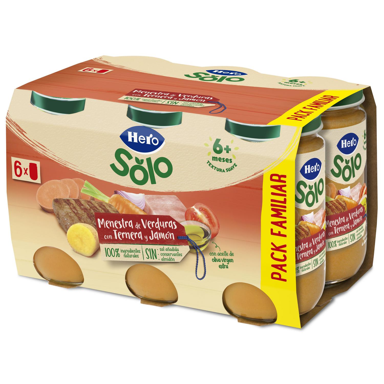 Tarrito de menestra de verduras ternera y jamón desde 6 meses Hero Solo sin gluten pack de 6 unidades de 235 g. — otra vista del envase