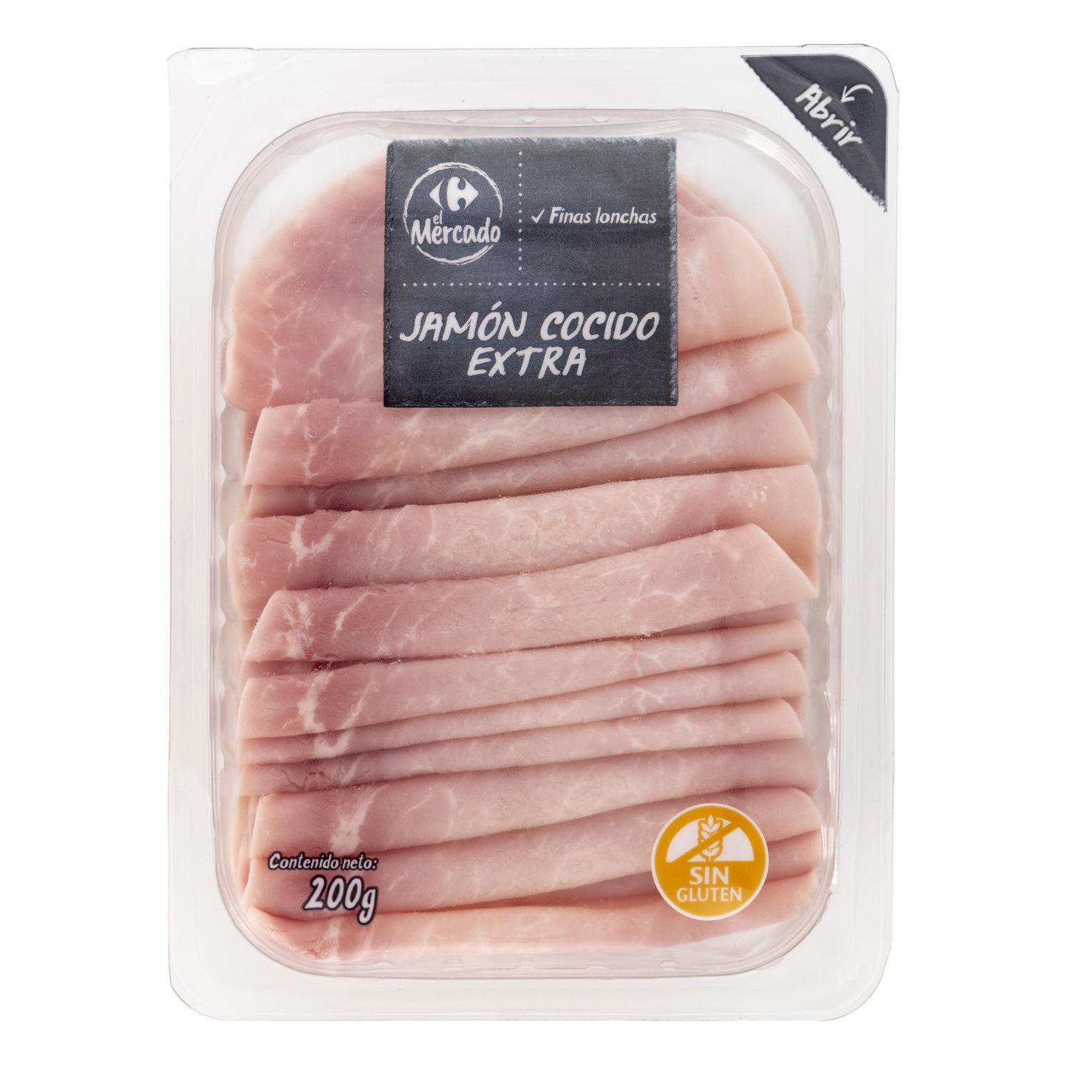 Jamón cocido extra en finas lonchas Carrefour El Mercado sin gluten 200 g — otra vista del envase