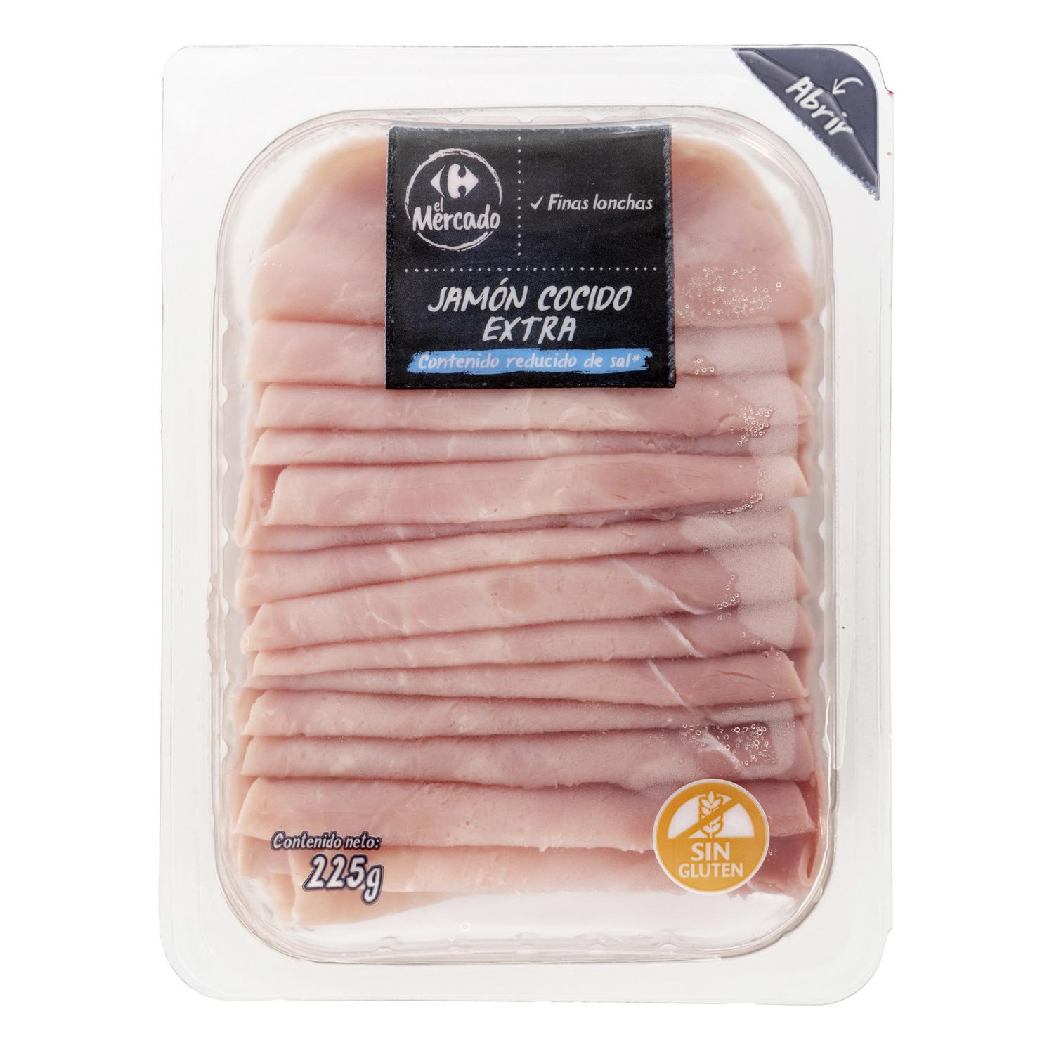 Jamón cocido extra en finas lonchas Carrefour El Mercado sin gluten 225 g — otra vista del envase