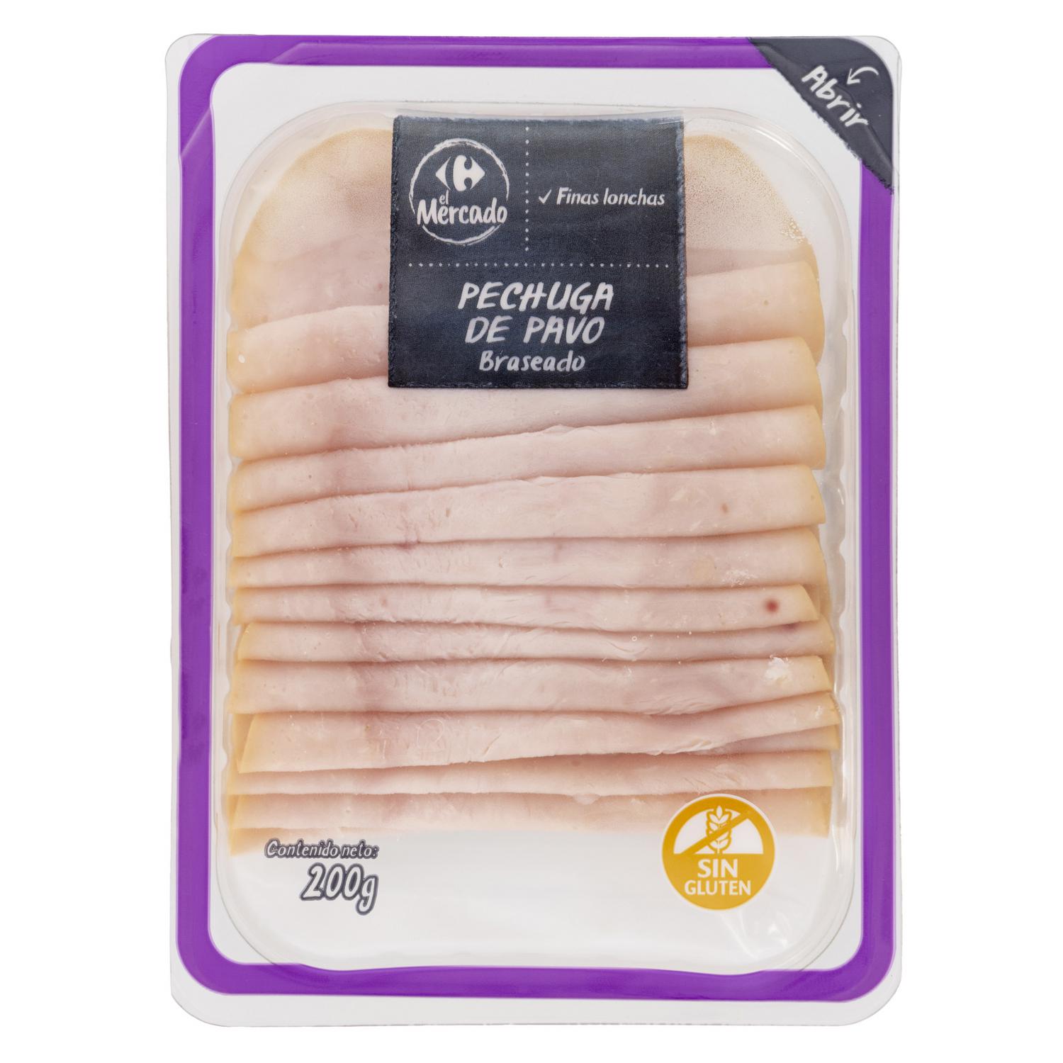 Pechuga de pavo braseado en finas lonchas Carrefour El Mercado sin gluten 200 g — otra vista del envase