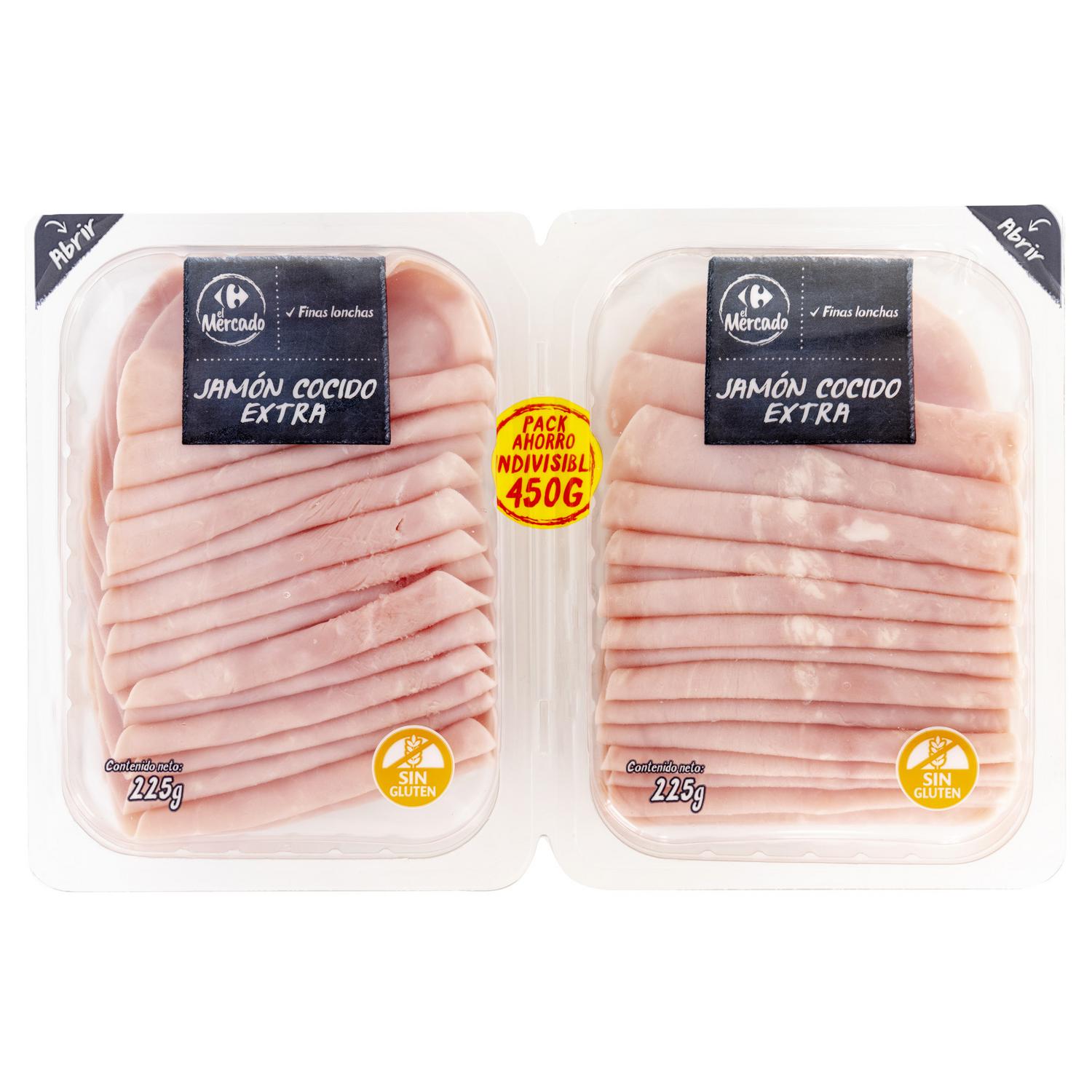Jamón cocido extra en finas lonchas Carrefour El Mercado sin gluten 2x225 g — otra vista del envase