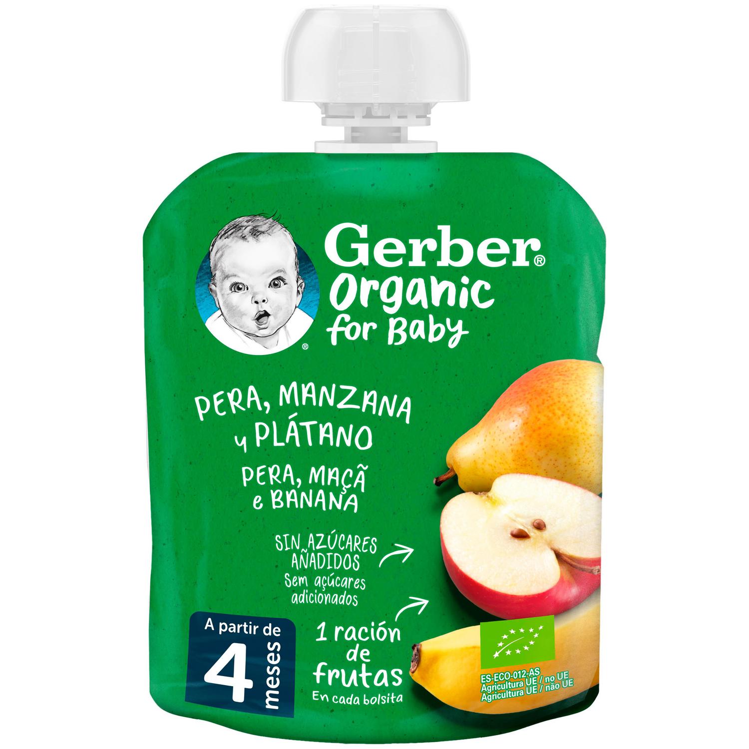 Bolsita de pera, manzana y plátano desde 4 meses ecológica Gerber sin gluten y sin azúcar añadido 90 g. — otra vista del envase