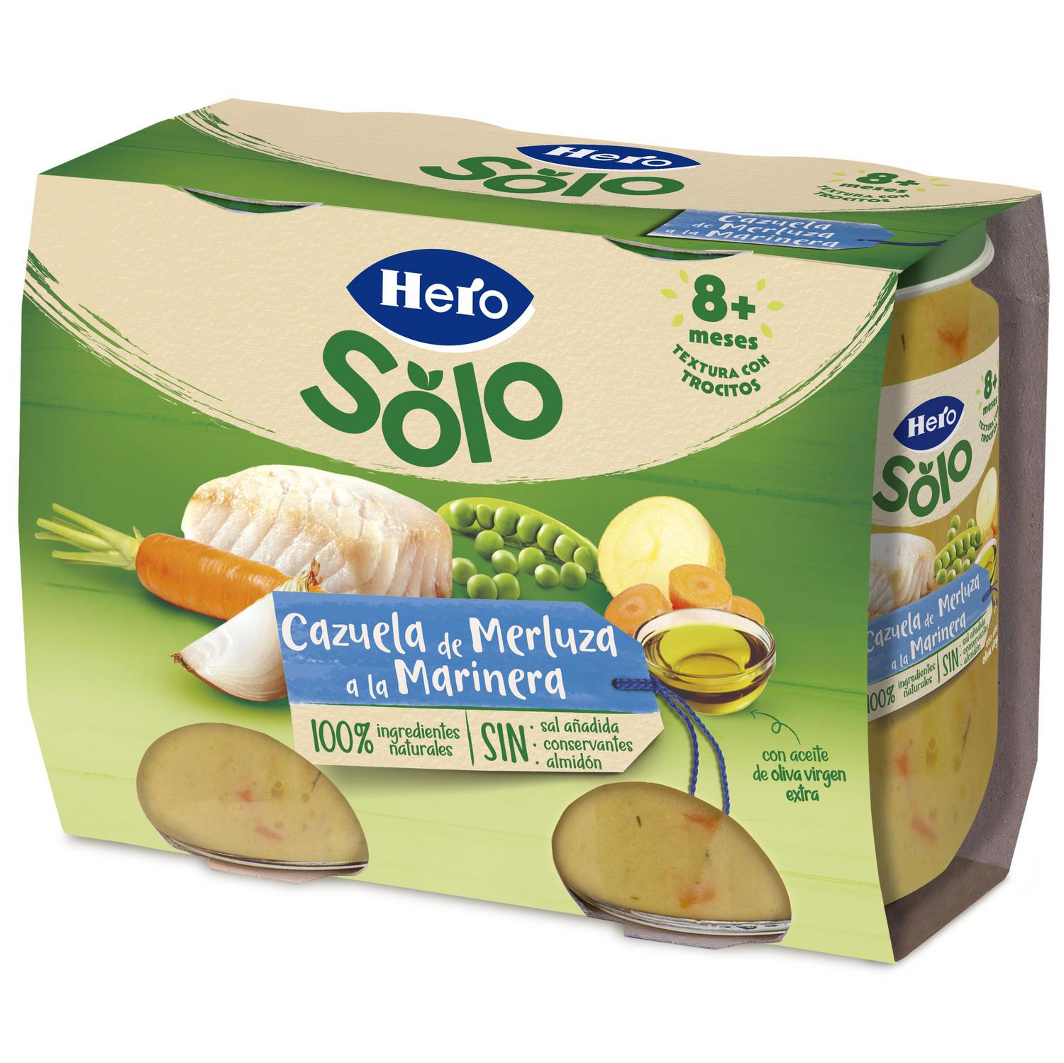 Tarrito de cazuela de merluza a la marinera desde 8 meses Hero Baby sin gluten pack de 2 unidades de 190 g. — otra vista del envase