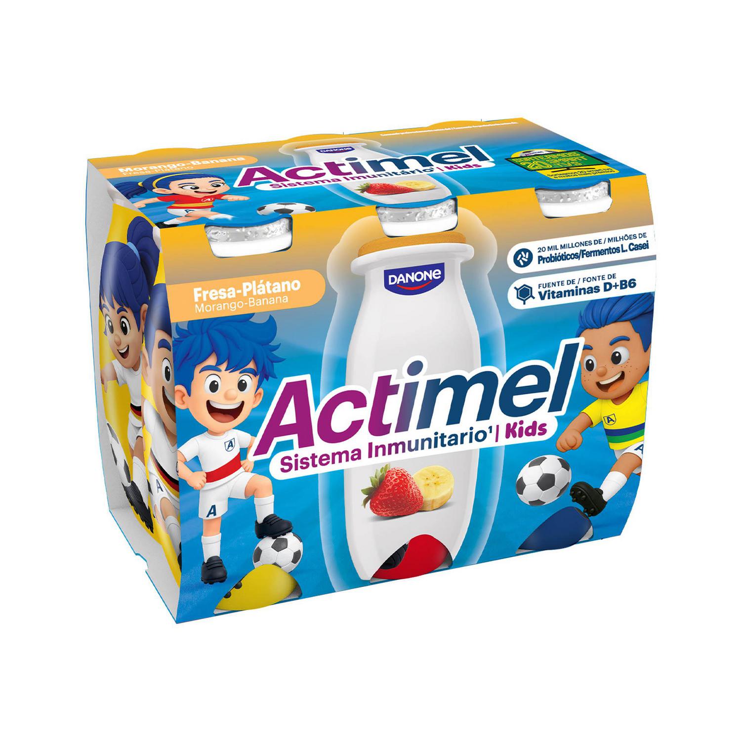 Leche fermentada líquida sabor fresa y plátano Danone - Actimel kids sin gluten pack de 6 unidades de 100 g. — otra vista del envase