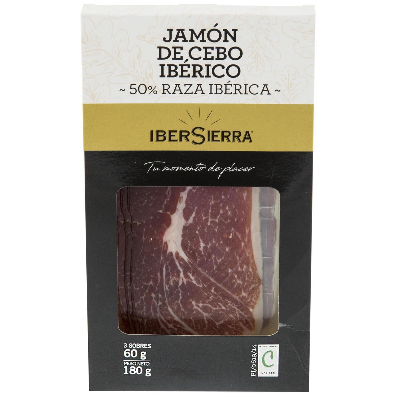 Estuche de Jamón de Cebo Ibérico 50% Raza Ibérica en lonchas IberSierra sin gluten y sin lactosa 3 sobres de 60 g — otra vista del envase