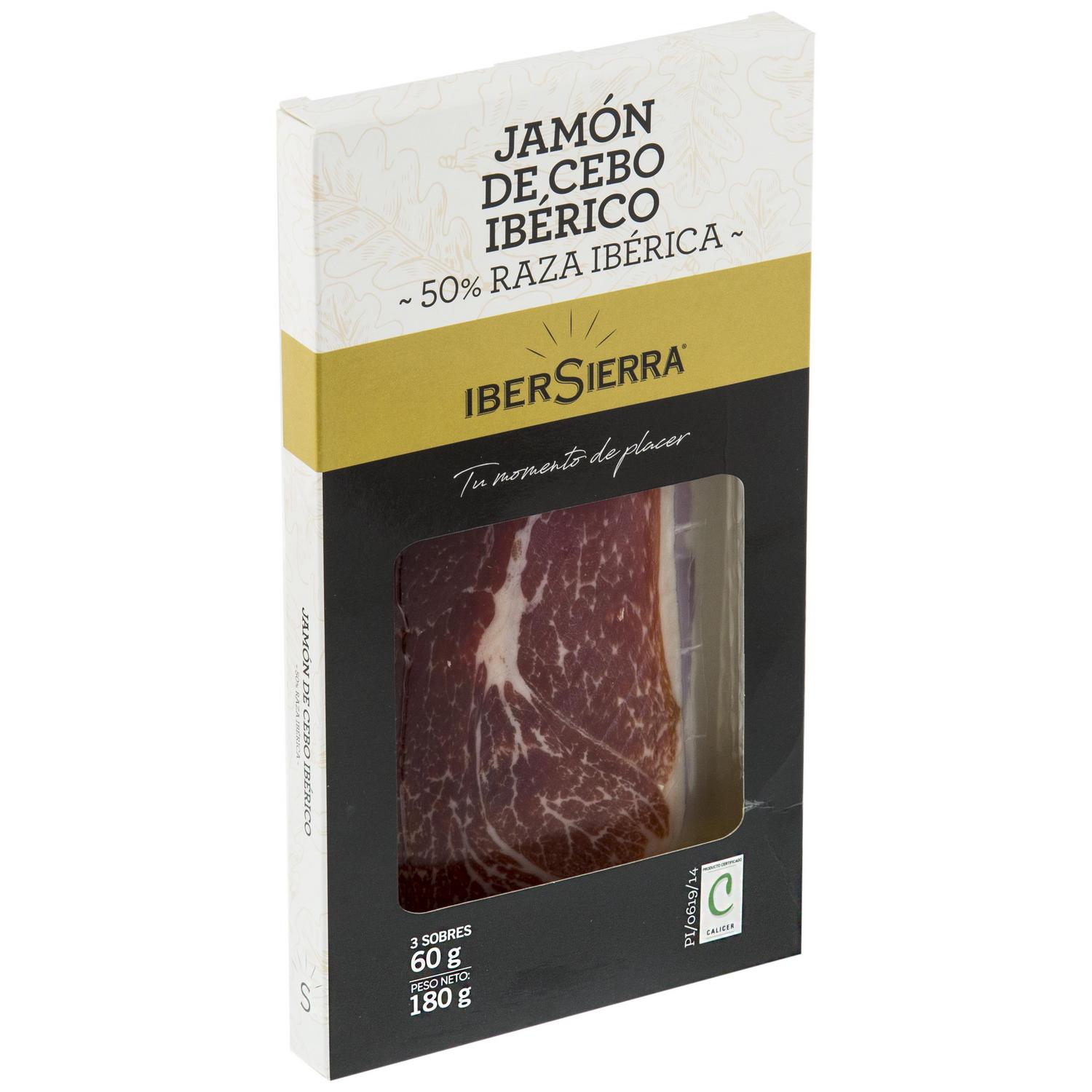 Estuche de Jamón de Cebo Ibérico 50% Raza Ibérica en lonchas IberSierra sin gluten y sin lactosa 3 sobres de 60 g — otra vista del envase