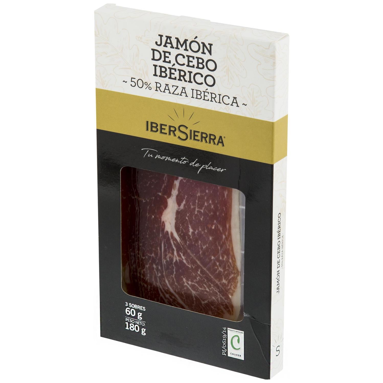Estuche de Jamón de Cebo Ibérico 50% Raza Ibérica en lonchas IberSierra sin gluten y sin lactosa 3 sobres de 60 g — otra vista del envase