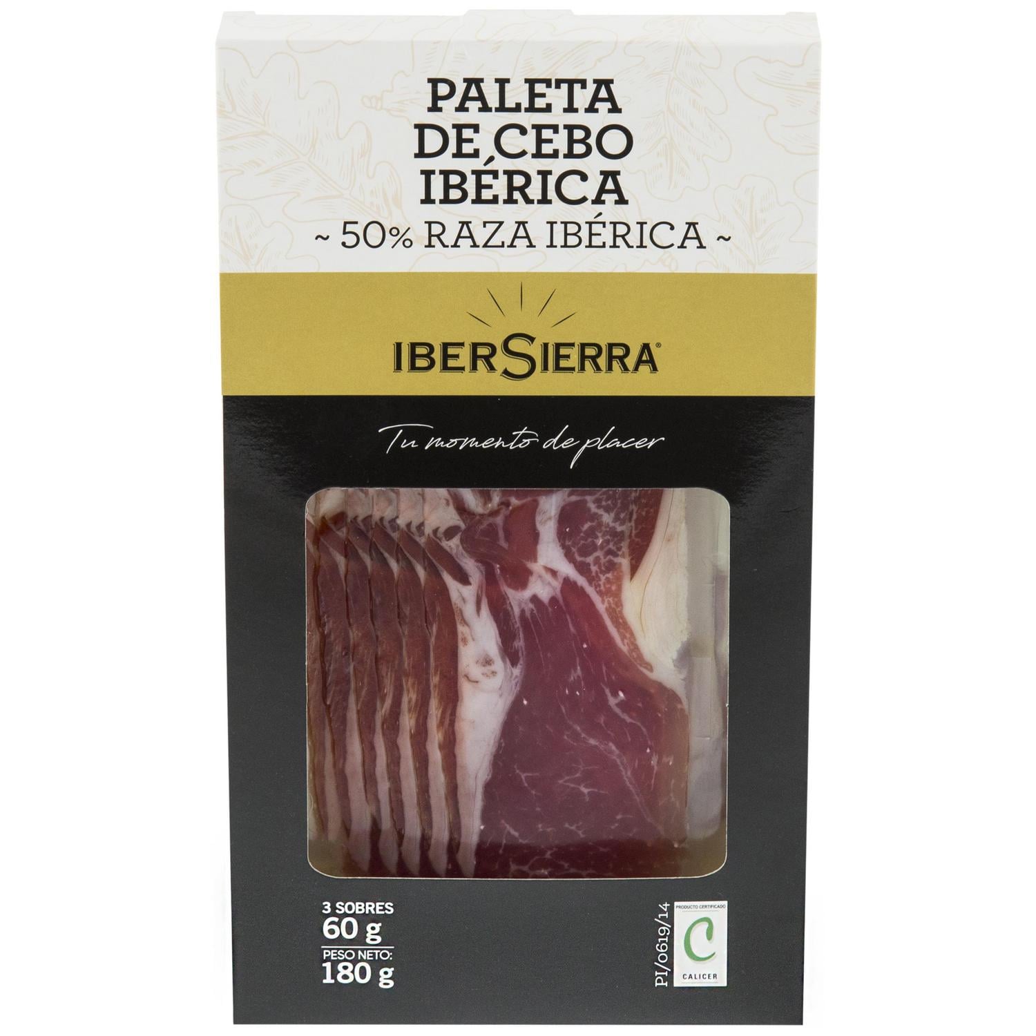 Estuche de Paleta de Cebo Ibérica 50% Raza Ibérica en lonchas IberSierra sin gluten y sin lactosa 3 sobres de 60 g — otra vista del envase