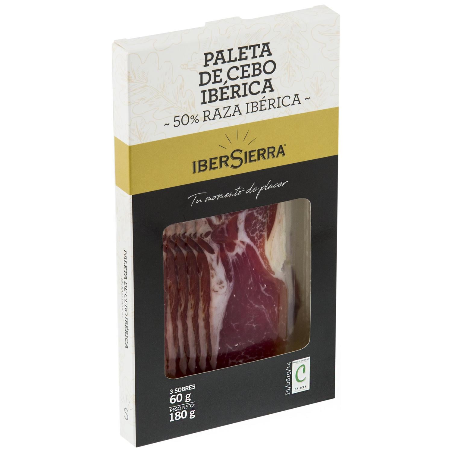 Estuche de Paleta de Cebo Ibérica 50% Raza Ibérica en lonchas IberSierra sin gluten y sin lactosa 3 sobres de 60 g — otra vista del envase