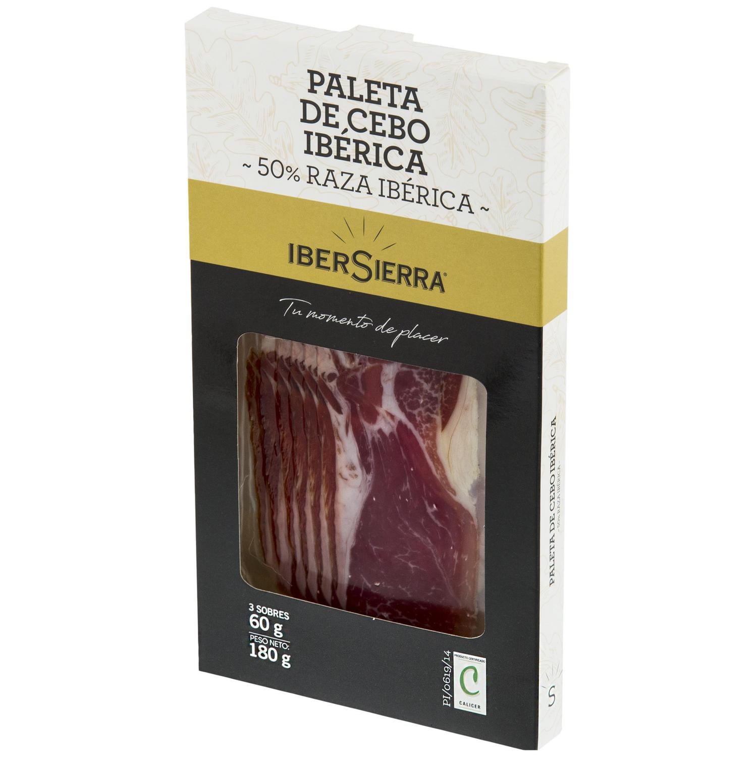 Estuche de Paleta de Cebo Ibérica 50% Raza Ibérica en lonchas IberSierra sin gluten y sin lactosa 3 sobres de 60 g — otra vista del envase