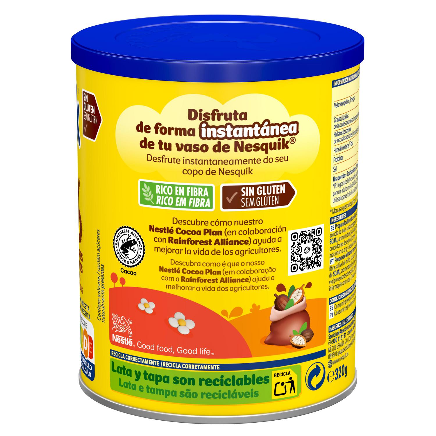 Cacao soluble sin azúcar añadido Nestlé Nesquik sin gluten 320 g. — otra vista del envase