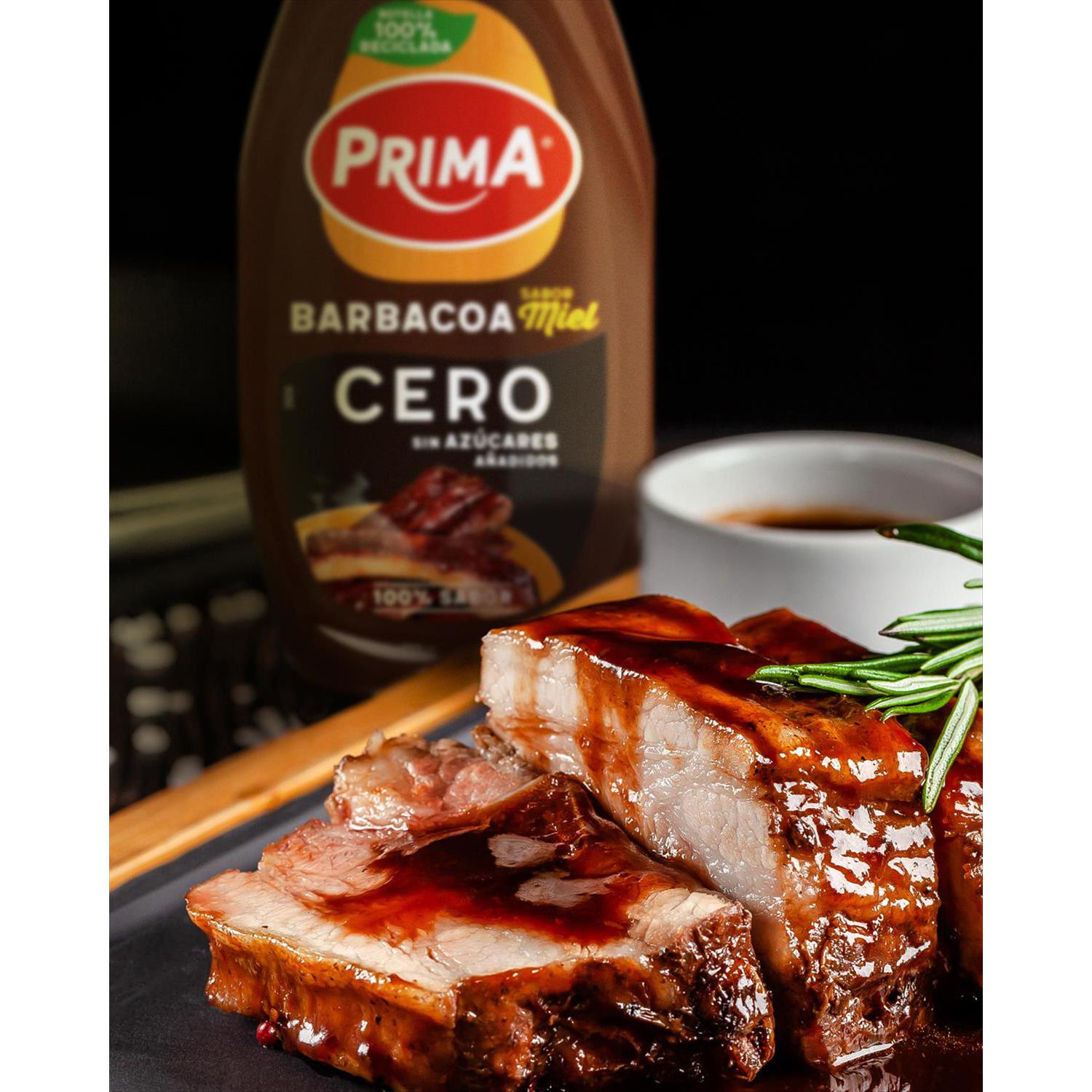 Salsa BBQ sabor miel cero Prima sin gluten y sin azúcar añadido 420 g. — otra vista del envase
