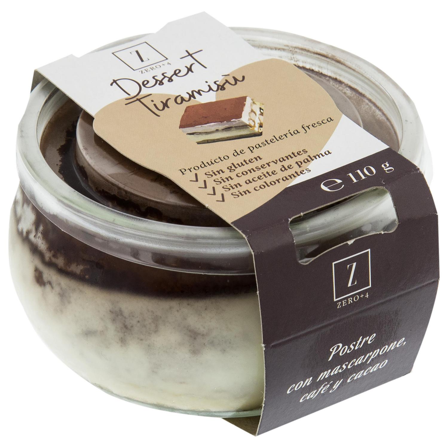 Tiramisú con mascarpone café y cacao Zero+4 sin gluten 110 g. — otra vista del envase