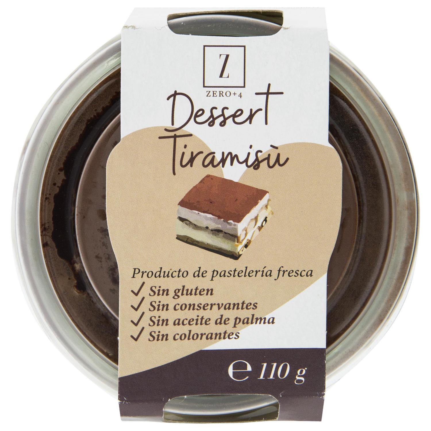 Tiramisú con mascarpone café y cacao Zero+4 sin gluten 110 g. — otra vista del envase