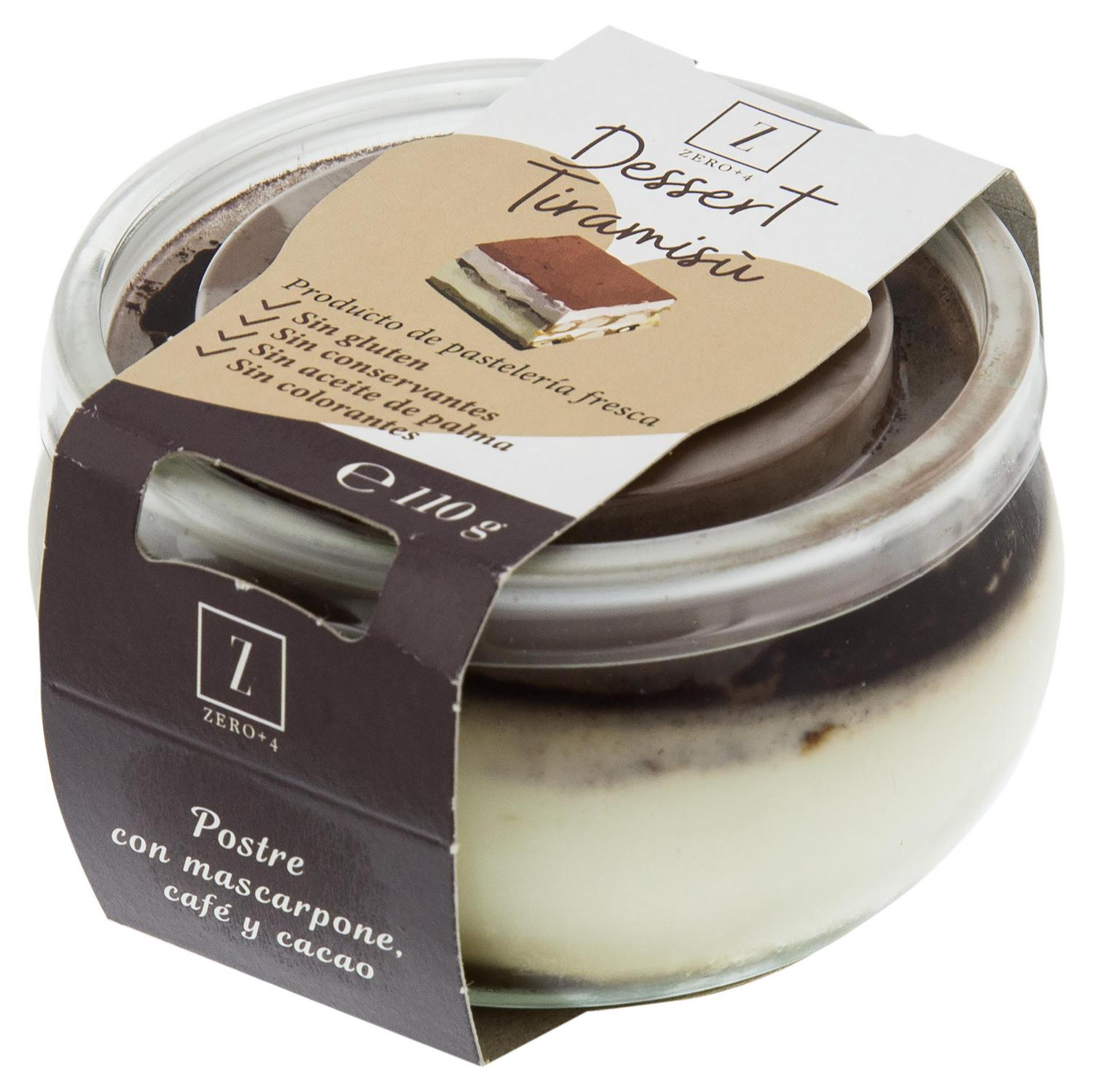 Tiramisú con mascarpone café y cacao Zero+4 sin gluten 110 g. — otra vista del envase