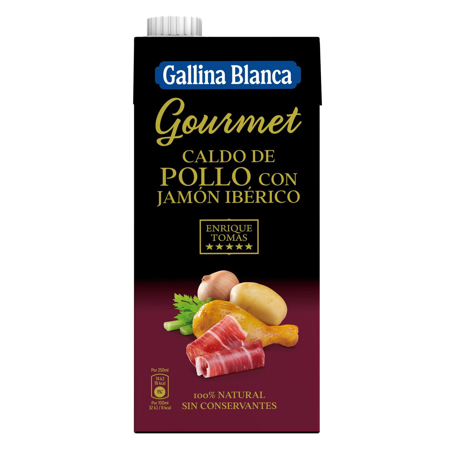 Caldo natural de pollo con jamón Gourmet Gallina Blanca sin gluten brik 1 l. — otra vista del envase