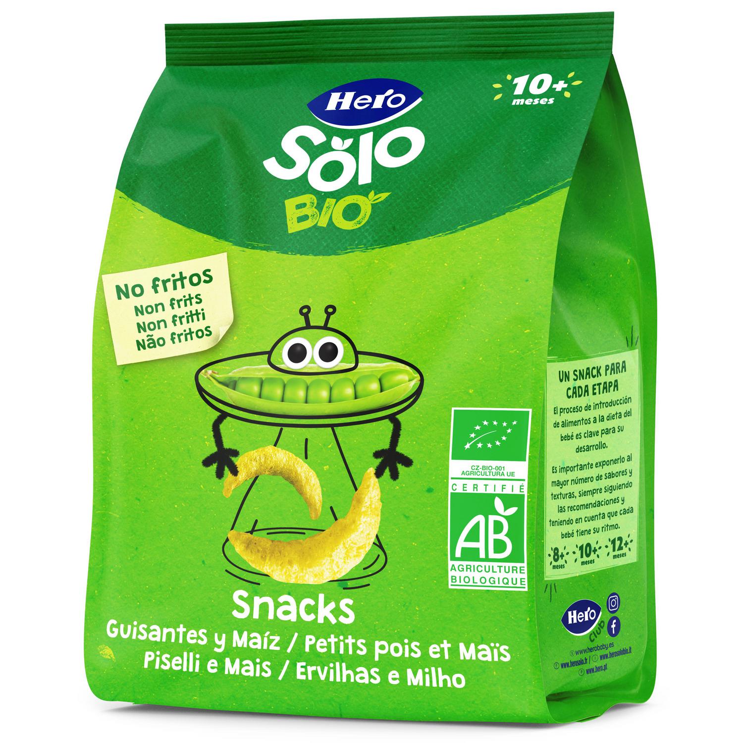 Snack infantil desde 10 meses guisantes y maíz ecológico Hero Solo sin gluten 40 g. — otra vista del envase
