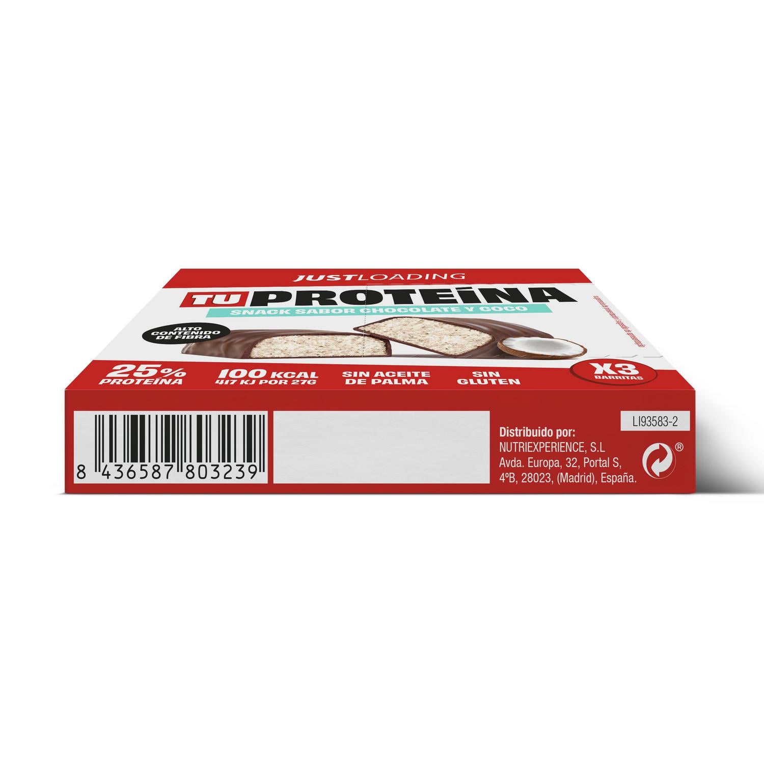 Snack alto en proteínas de chocolate negro y coco Just Loading sin gluten pack 3 unidades de 27 g. — otra vista del envase