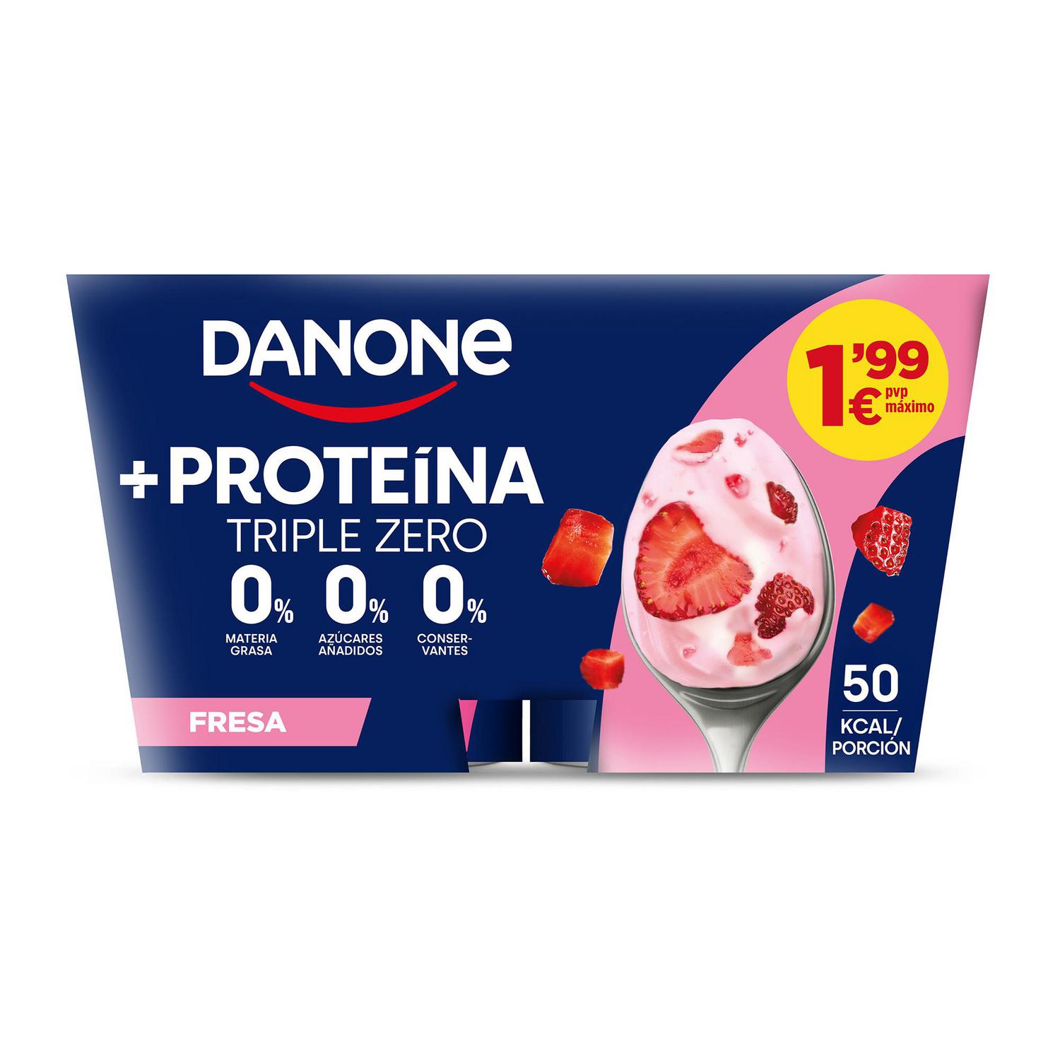 Yogur desnatado proteína con fresa Danone sin gluten y sin azúcar añadido pack 4 unidades de 105 g. — otra vista del envase