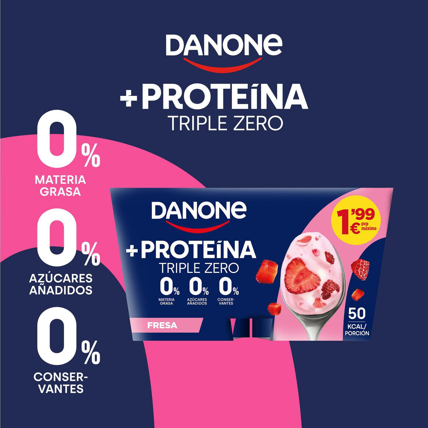 Yogur desnatado proteína con fresa Danone sin gluten y sin azúcar añadido pack 4 unidades de 105 g. — otra vista del envase