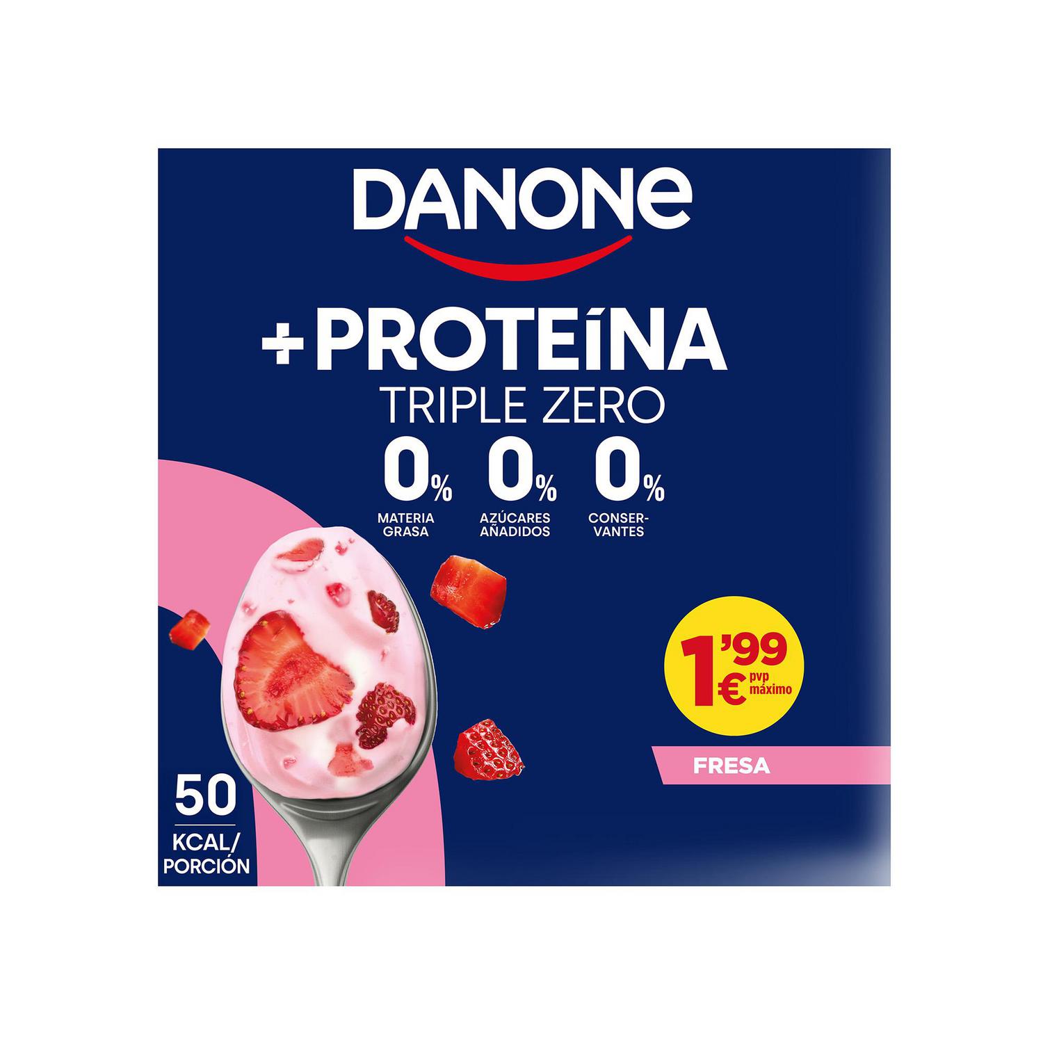 Yogur desnatado proteína con fresa Danone sin gluten y sin azúcar añadido pack 4 unidades de 105 g. — otra vista del envase