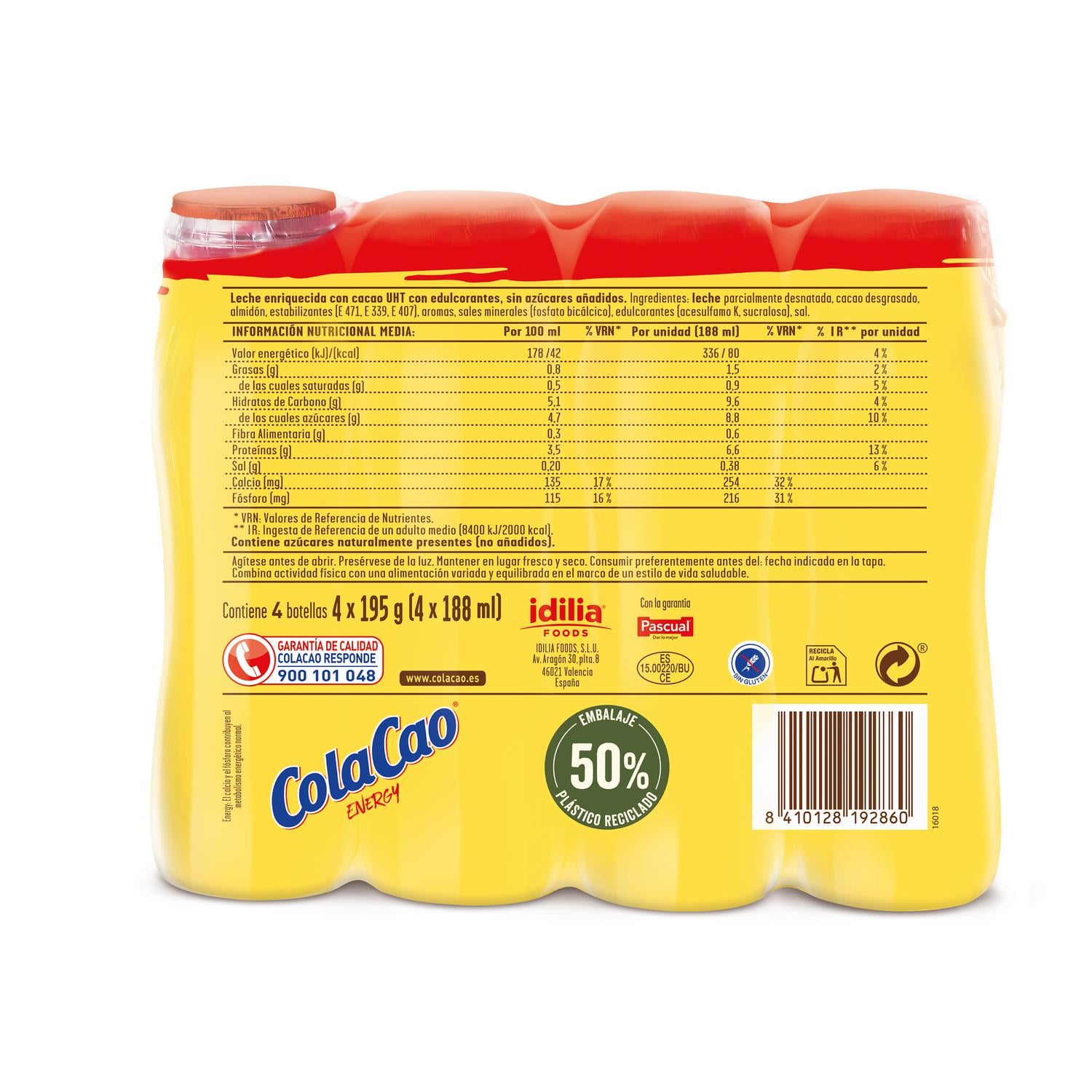 ColaCao energy sin gluten y sin azúcar añadido pack 4 botellas 188 ml. — otra vista del envase