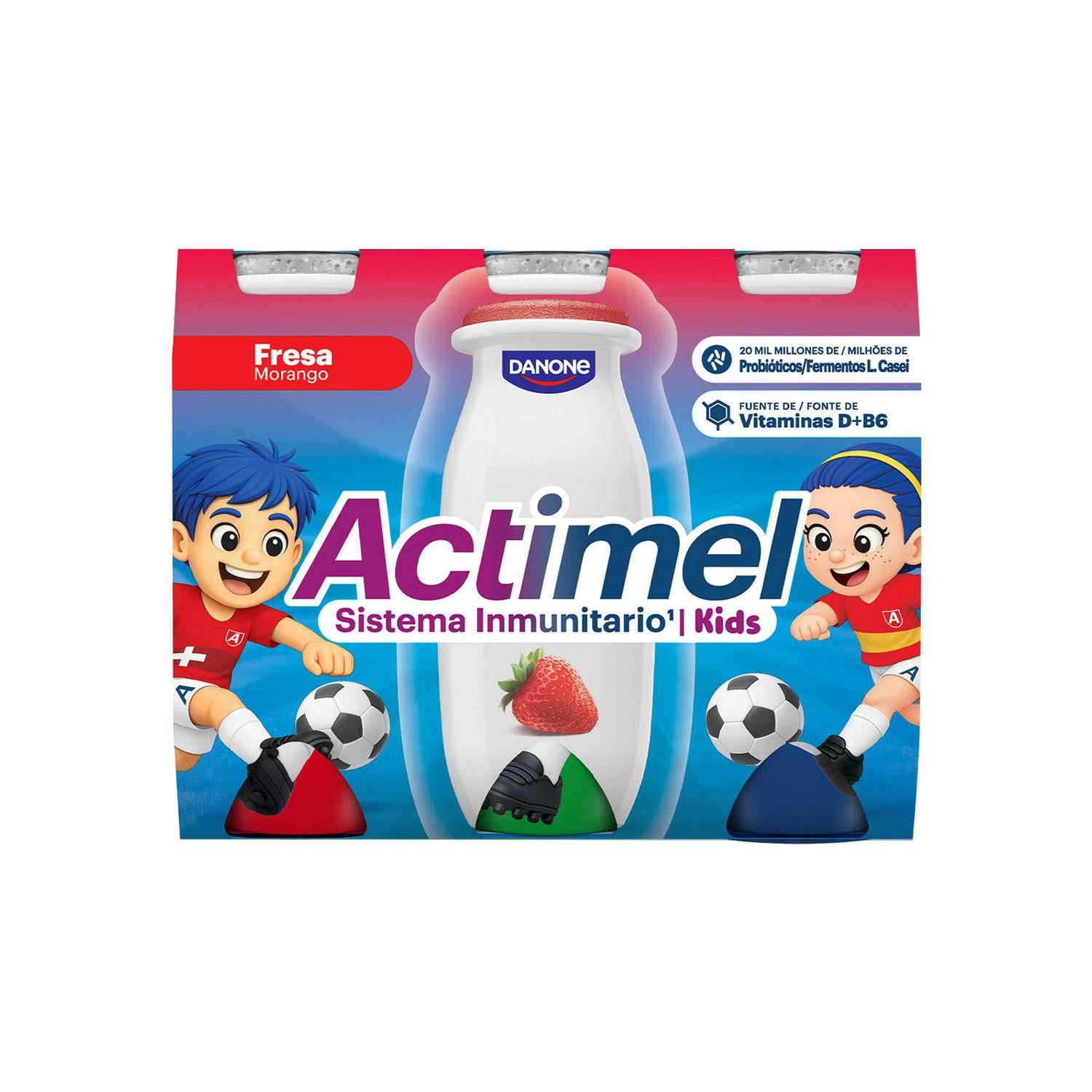 Leche fermentada líquida sabor fresa Danone Actimel Kids sin gluten pack 6 unidades 100 g. — otra vista del envase
