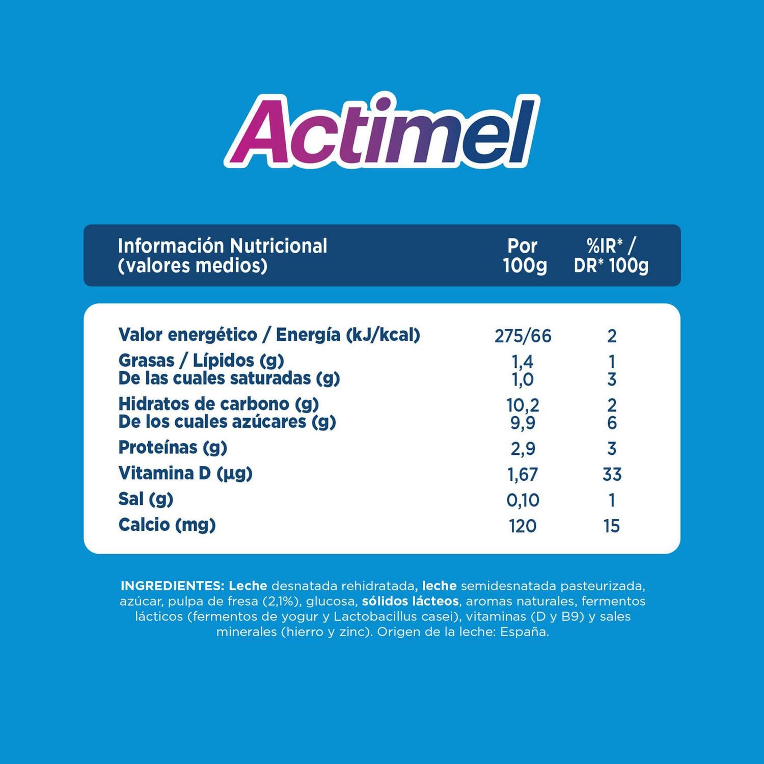 Leche fermentada líquida sabor fresa Danone Actimel Kids sin gluten pack 6 unidades 100 g. — otra vista del envase