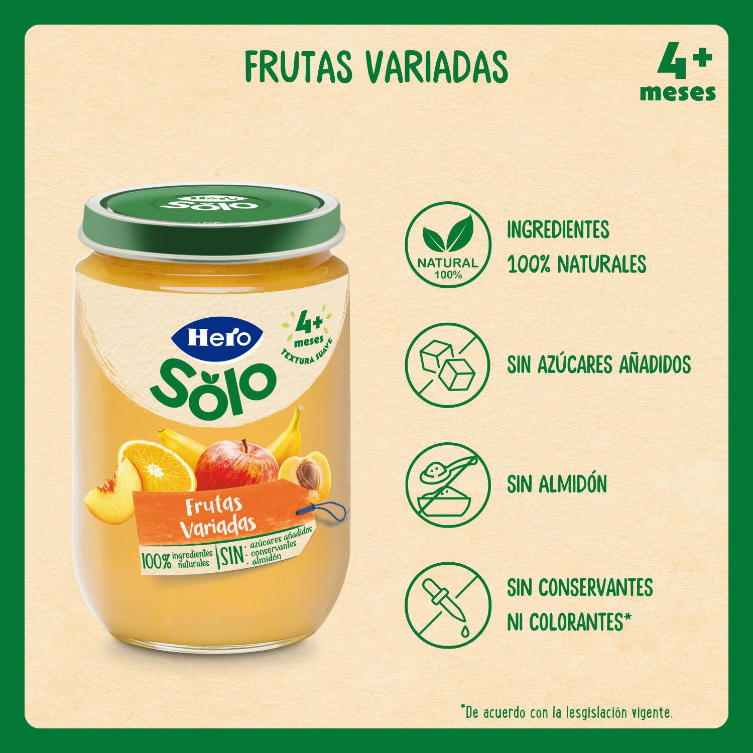 Tarrito de frutas variadas desde 4 meses Hero Solo sin gluten 190 g. — otra vista del envase